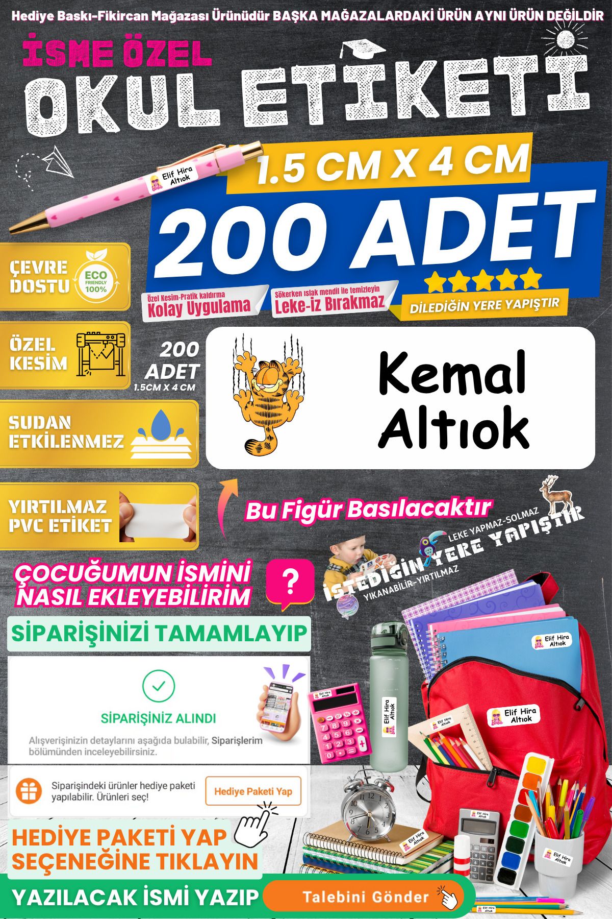FİKİRCAN Fikircan-İsme Özel Okul Etiketi-GARFİELD 200 Adet - Kokusuz Ekolojik Mürekkep PVC ETİKET