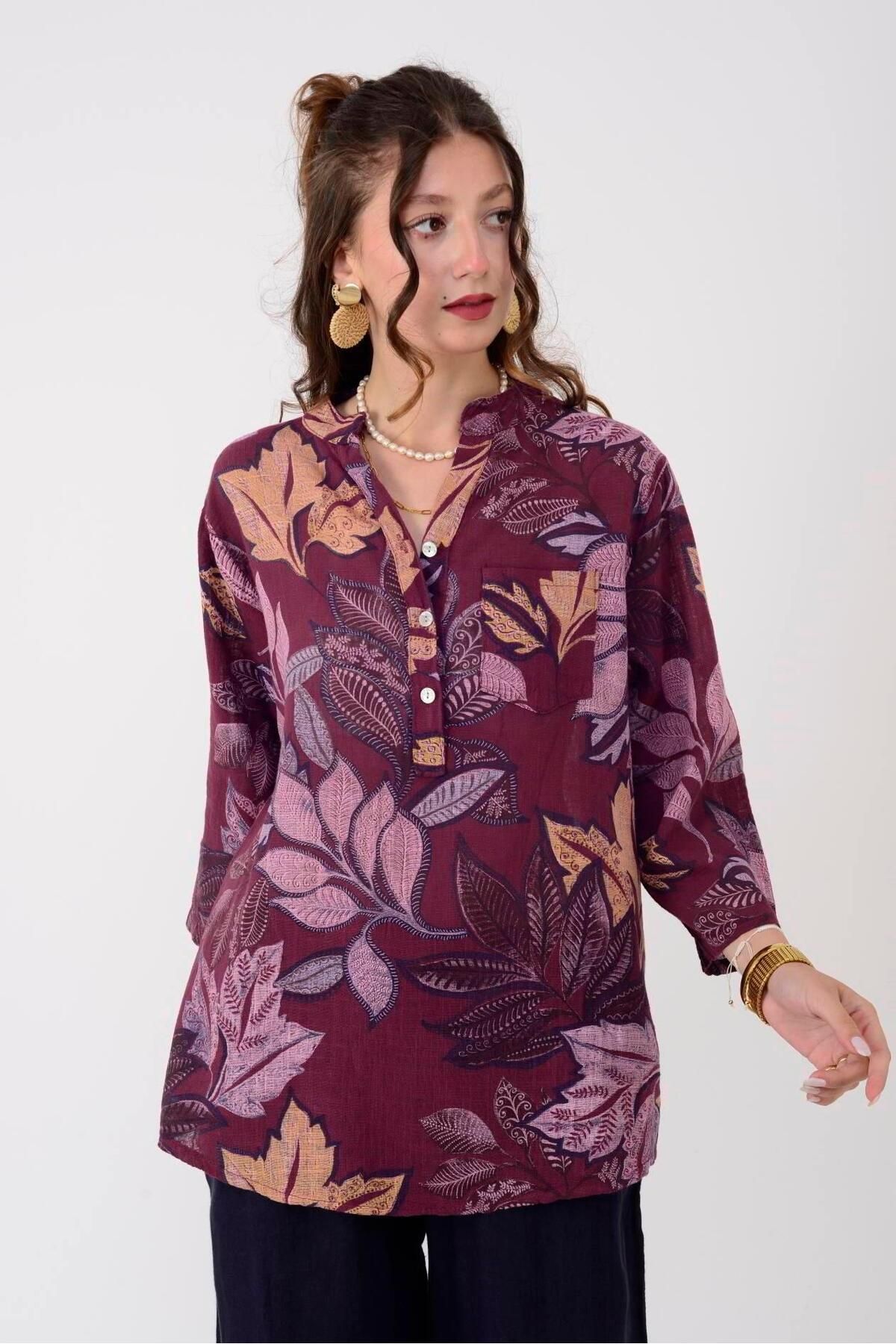 Park Moda 15455F-101 Renkli Yapraklar Desen 3 Düğme Keten Gömlek