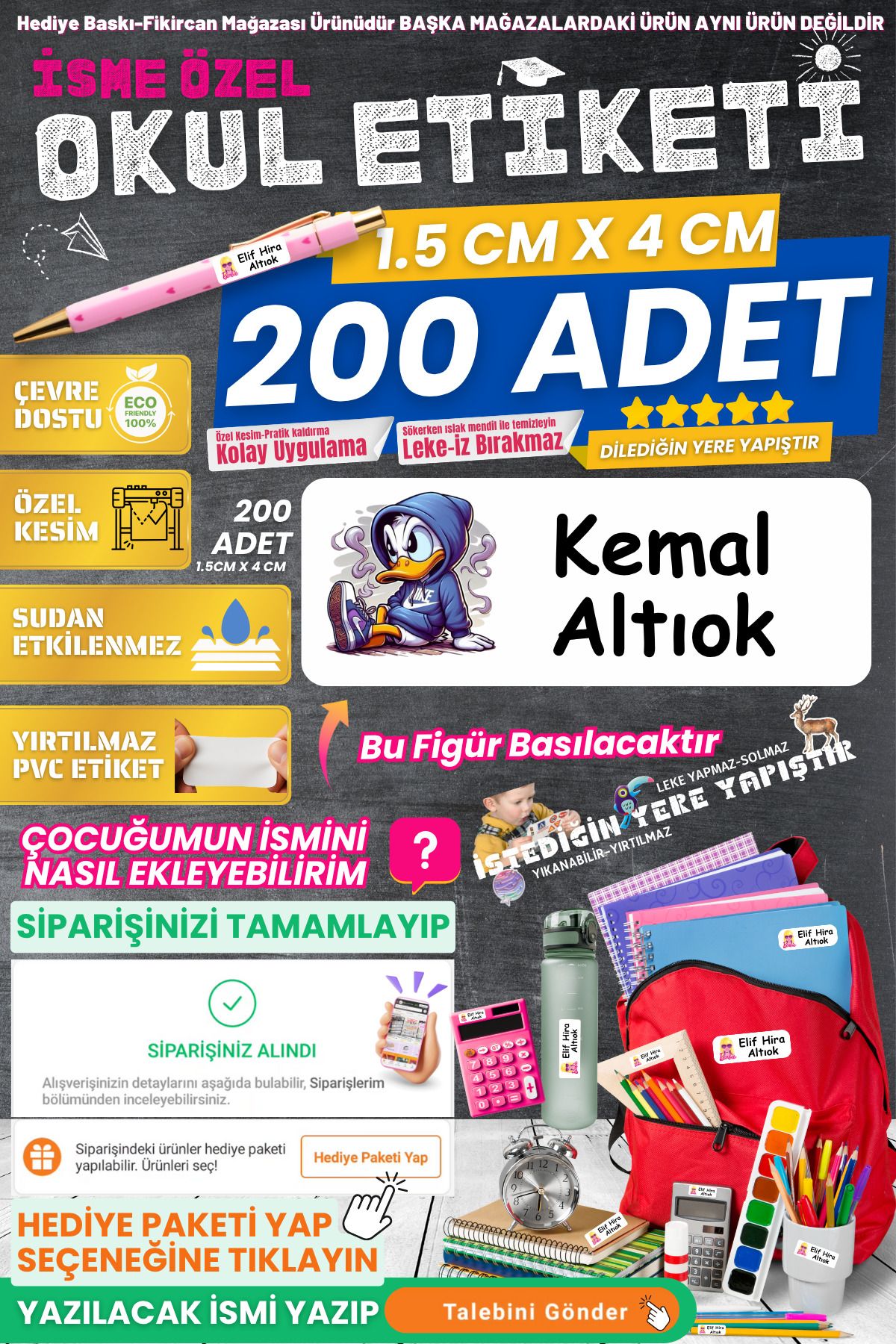 FİKİRCAN Fikircan-İsme Özel Okul Etiketi-DONALD DUCK 200 Adet - Kokusuz Ekolojik Mürekkep PVC ETİKET