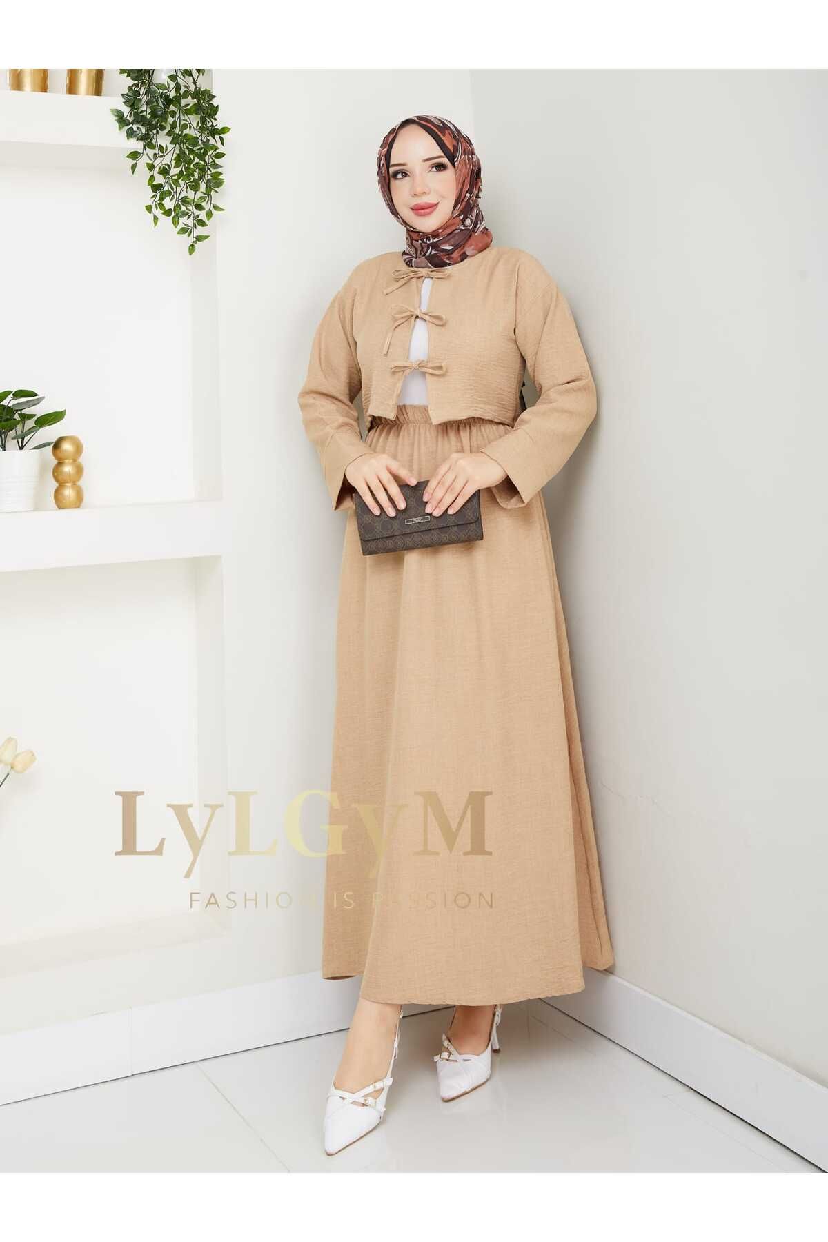 LyLGyM FASSION IS PASSION Kadın Keten Ayrobin Kumaş ikili Etekli Crop Kimono Takım