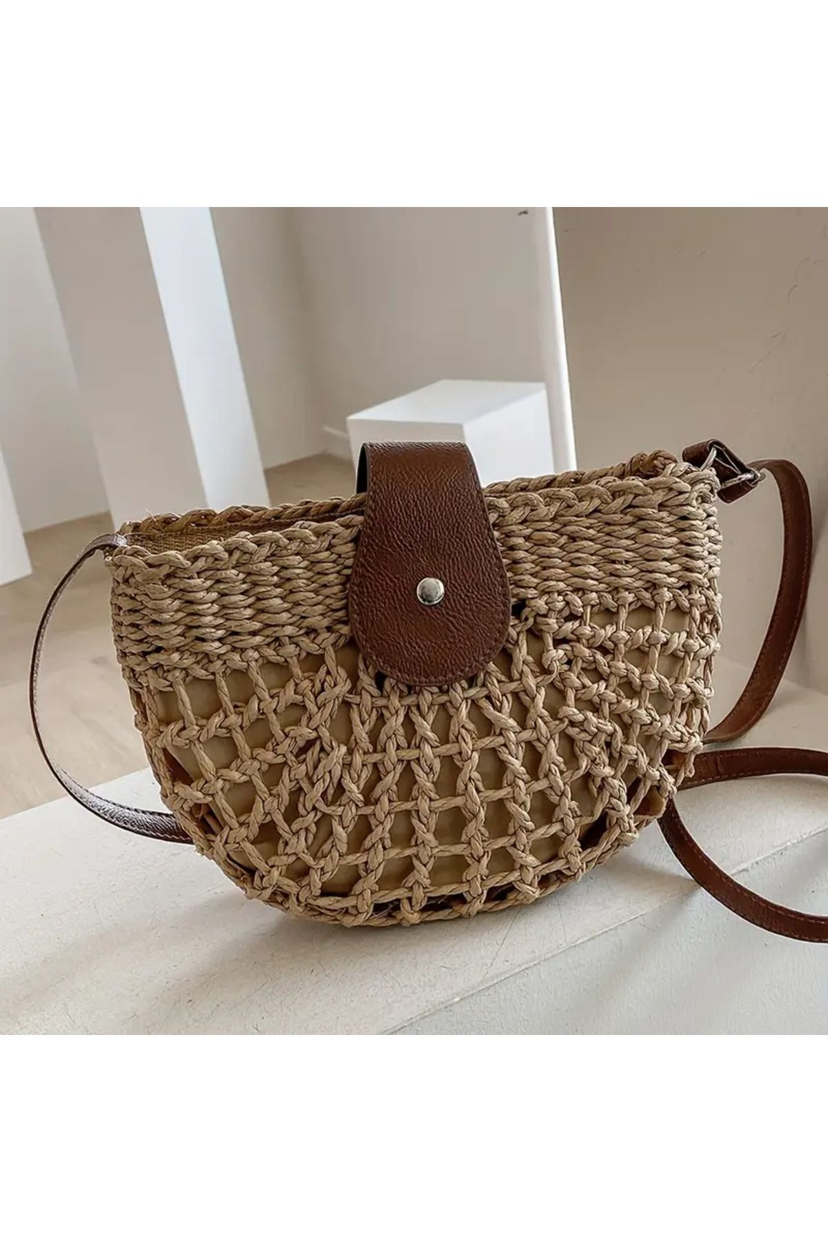ELİŞİ MODA-Handmade Hand Knitted Paper String Straw Bag, Lined, Zippered and Top Closure Shoulder Bag with Strap 5