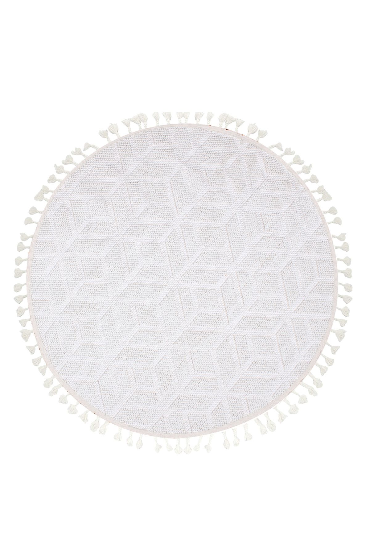 Halıstores Bohem Yuvarlak Etnik Desenli Krem İskandinav Makine Halısı Bukle Bh 01