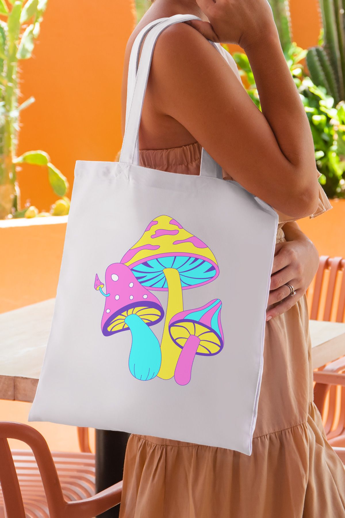 SevindirenŞeyler Colourful Three Mushrooms Mantar Baskılı Bez Çanta Plaj Çantası Tote Bag - Sevindiren Şeyler