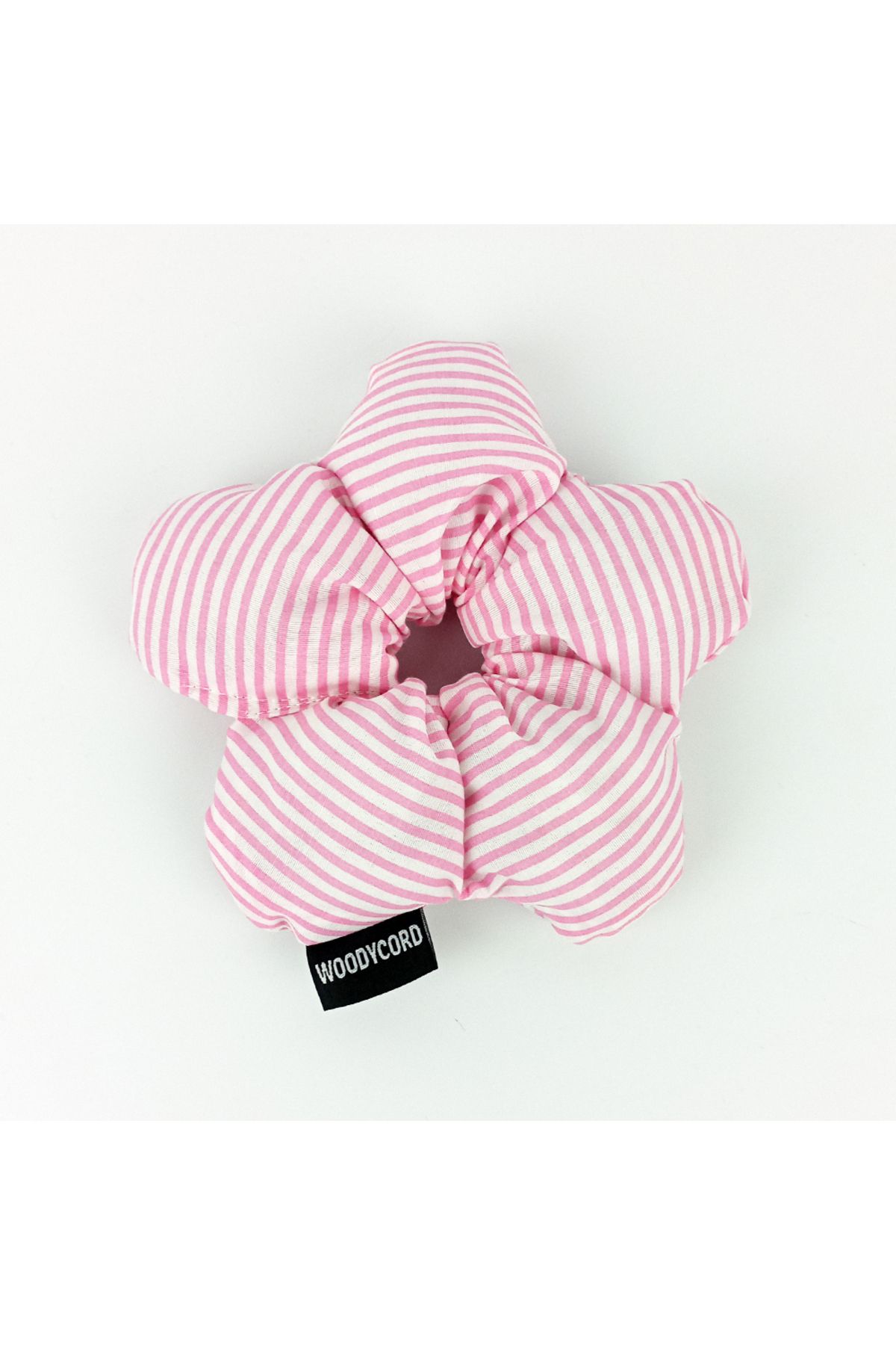 woodycord El Yapımı Çiçek Model Pofuduk Scrunchie Toka - Pembe Beyaz Çizgili