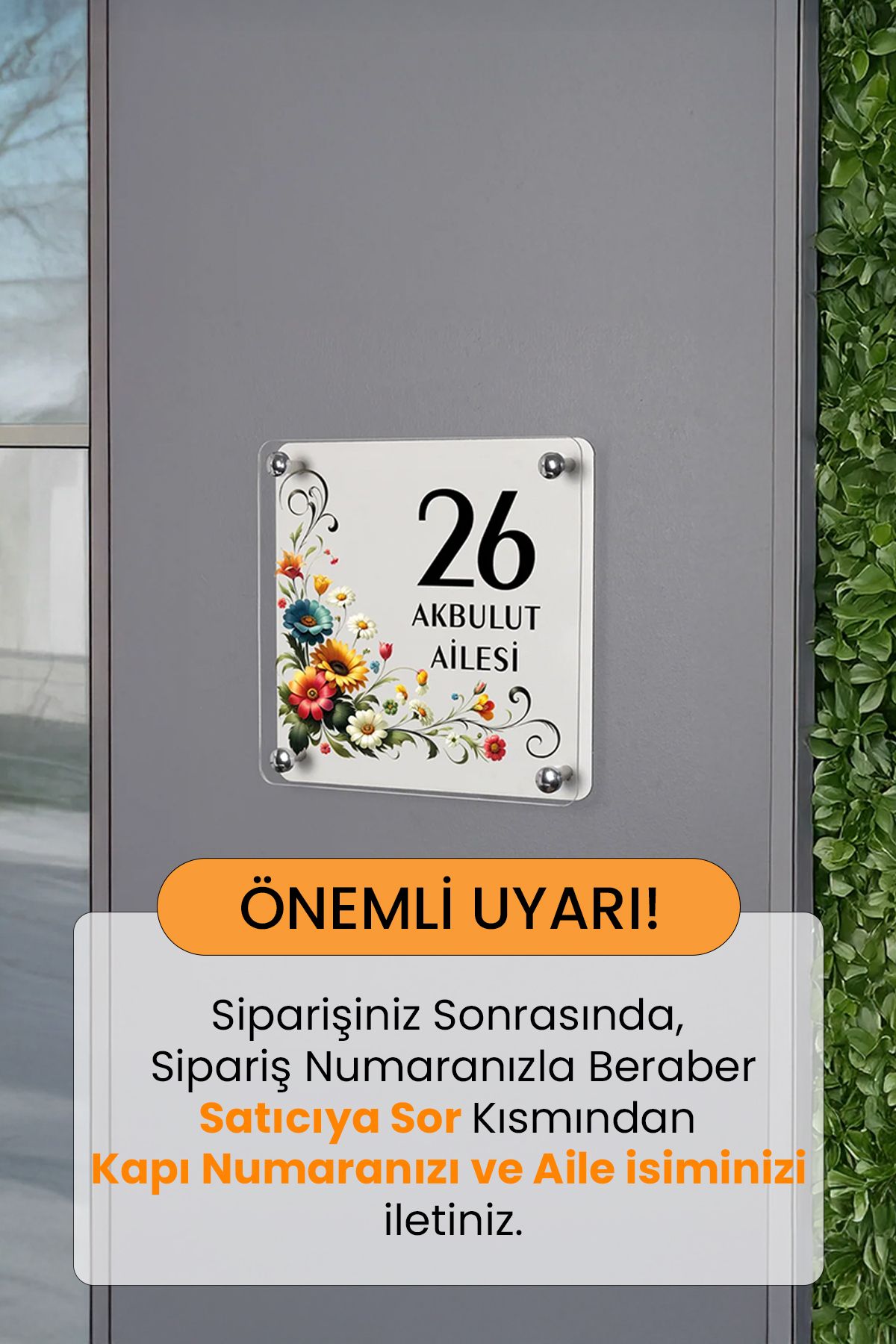 Morimora Kişiye Özel Çiçek Motifli Kapı Numarası ve Aile İsmi Tabelası