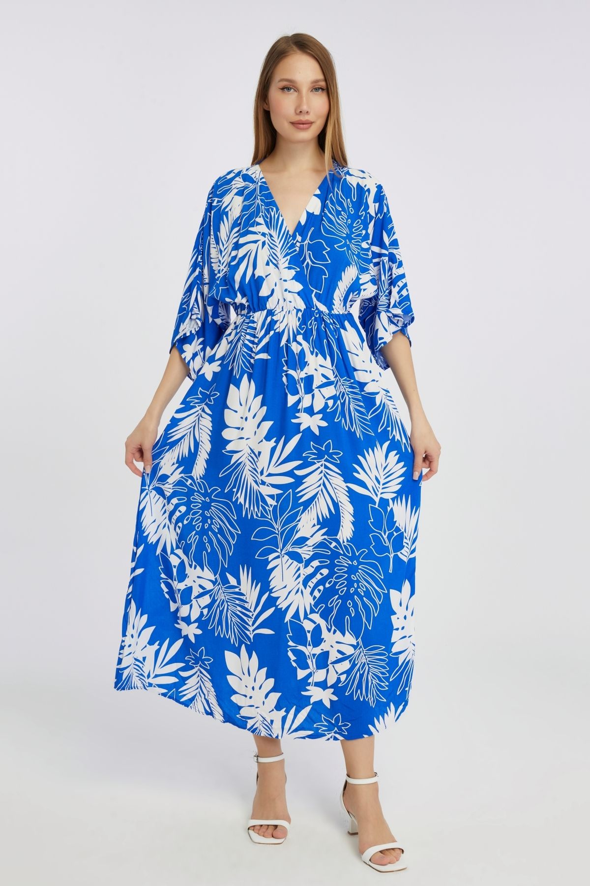 Butik Palmiye Desen Kruvaze Yaka Elbise