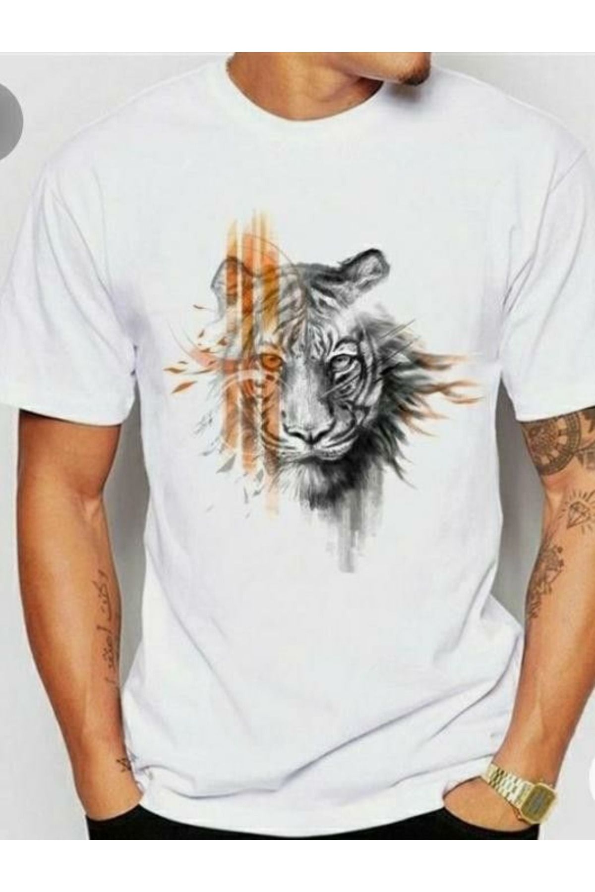 aynewmoda Kaplan desenli kısa kollu yuvarlak yakalı tişört