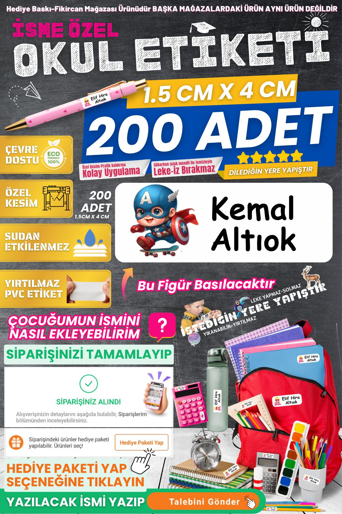 FİKİRCAN Fikircan-İsme Özel Okul Etiketi-KAPTAN AMERİKA 200 Adet - Kokusuz Ekolojik Mürekkep PVC ETİKET