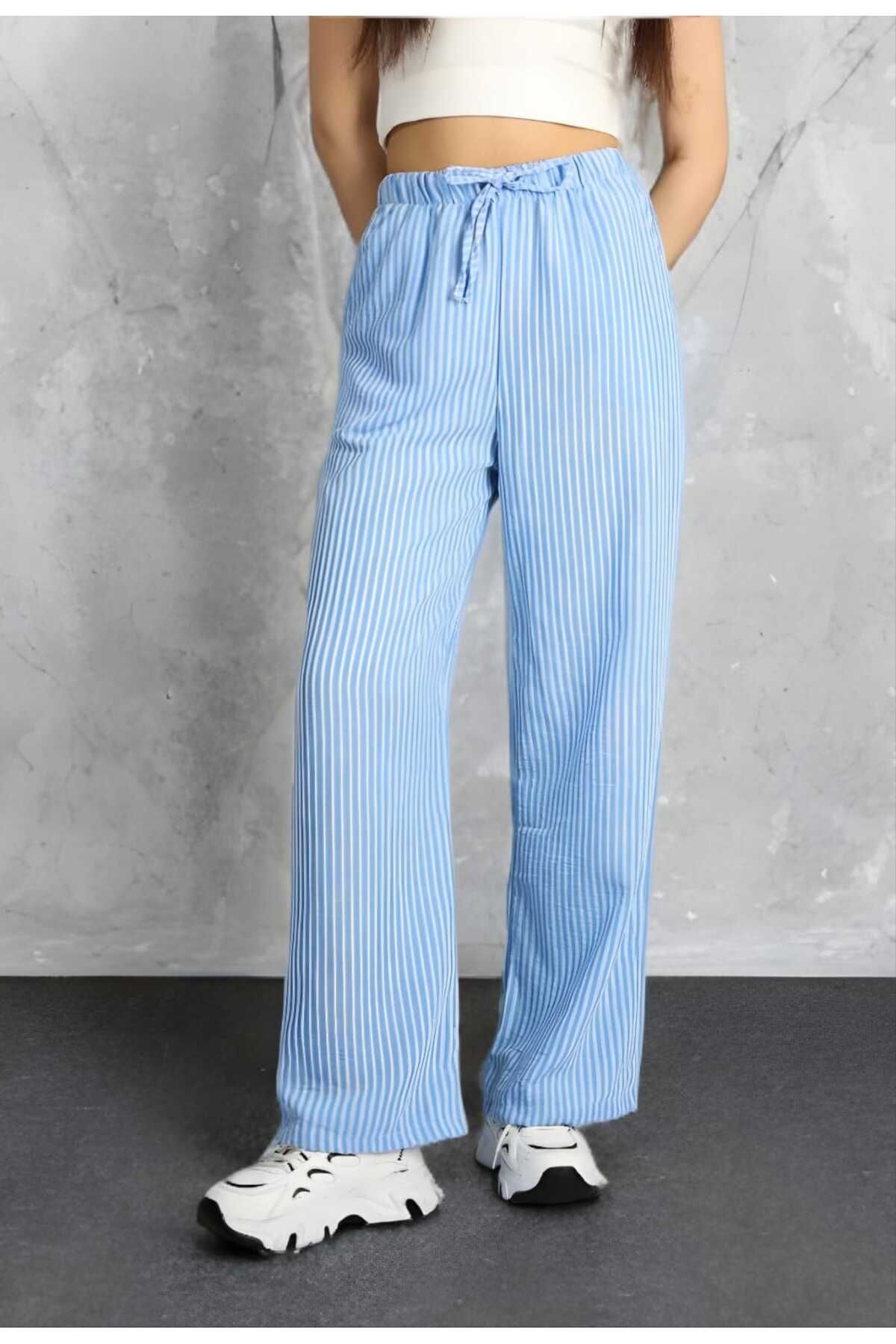 CNG MODA Unisex Su Yolu Çizgili Keten Karışımlı Torba Pantolon