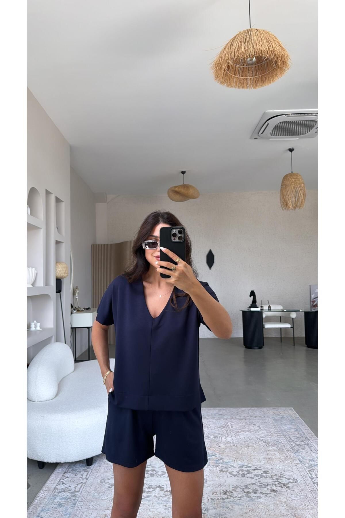 Buket Teke Lacivert Şort Bluz Modal Takım