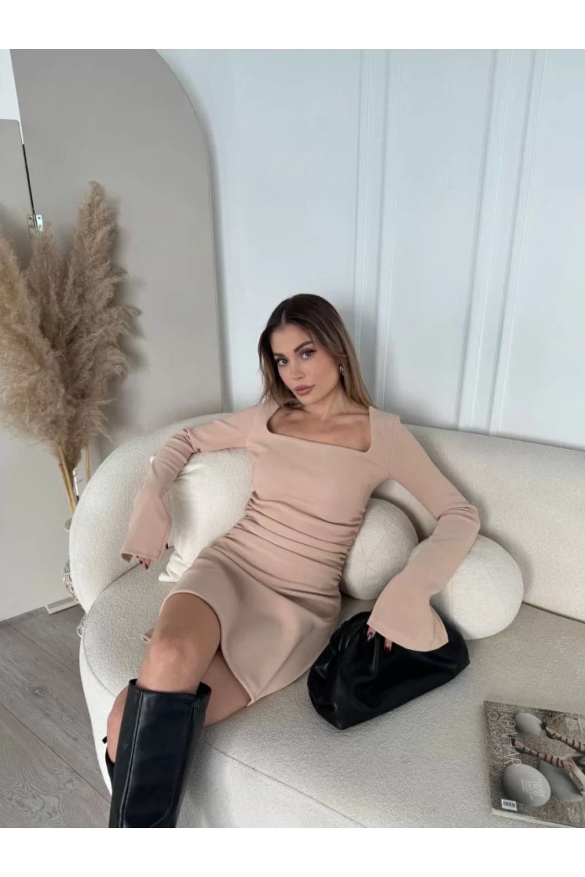 ruum fashions Kare Yaka Mını Boy Fitilli Elbise