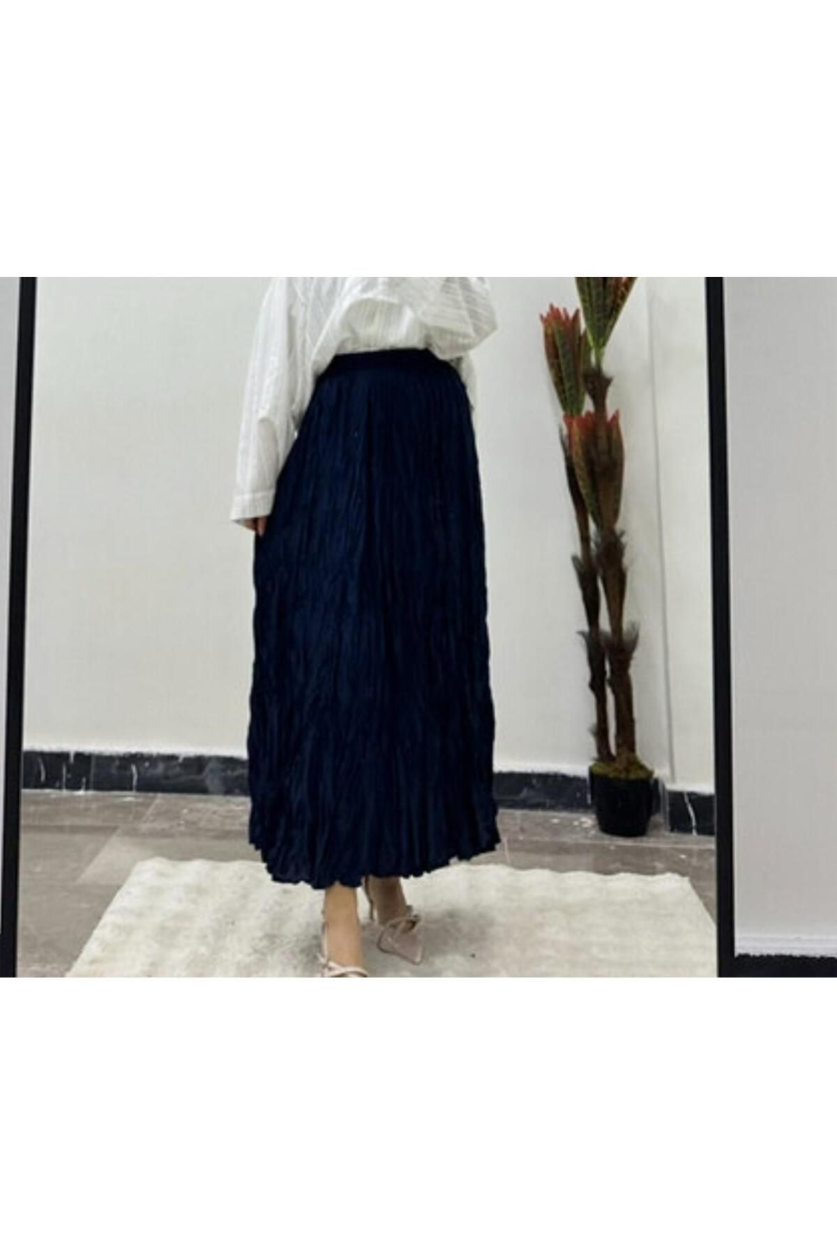 MODA Kırışık Dokulu Beli Lastikli Uzun Etek
