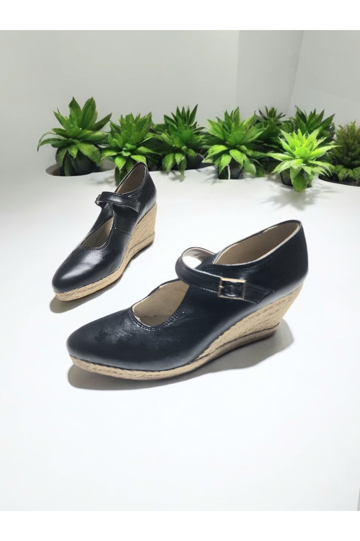GokceKundura06 Dolgu Topuk Hasır Tokalı Balerin Espadril görsel 3