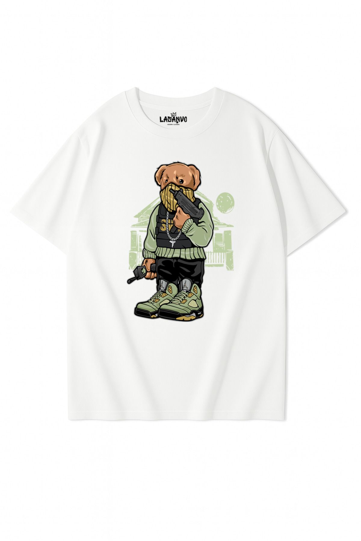 Lasanvo Unisex Oversize Maskeli Ayıcık Streetwear Tarzı T-shirt