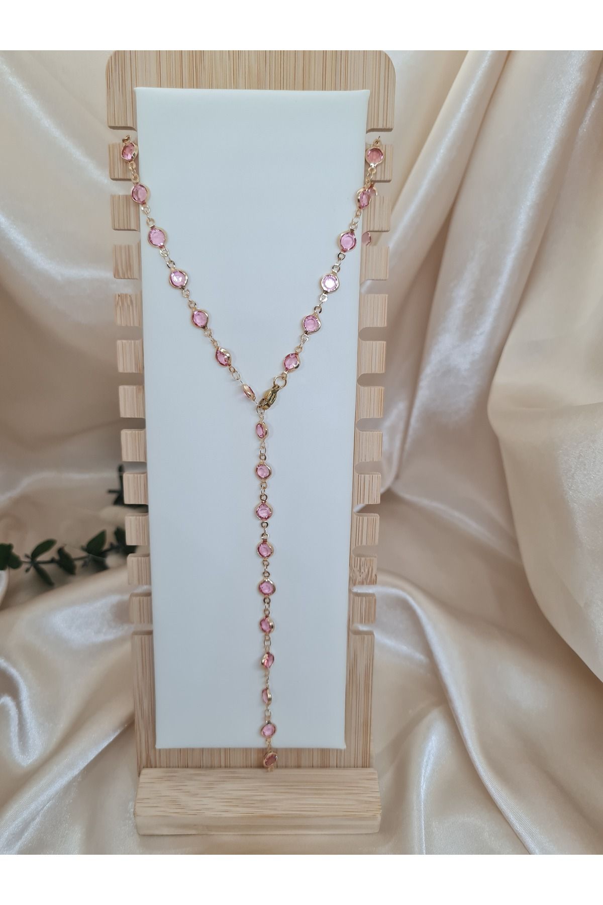 ZEYM Pembe Taşlı Gold Renk Y Kolye - Romantik Dokunuş