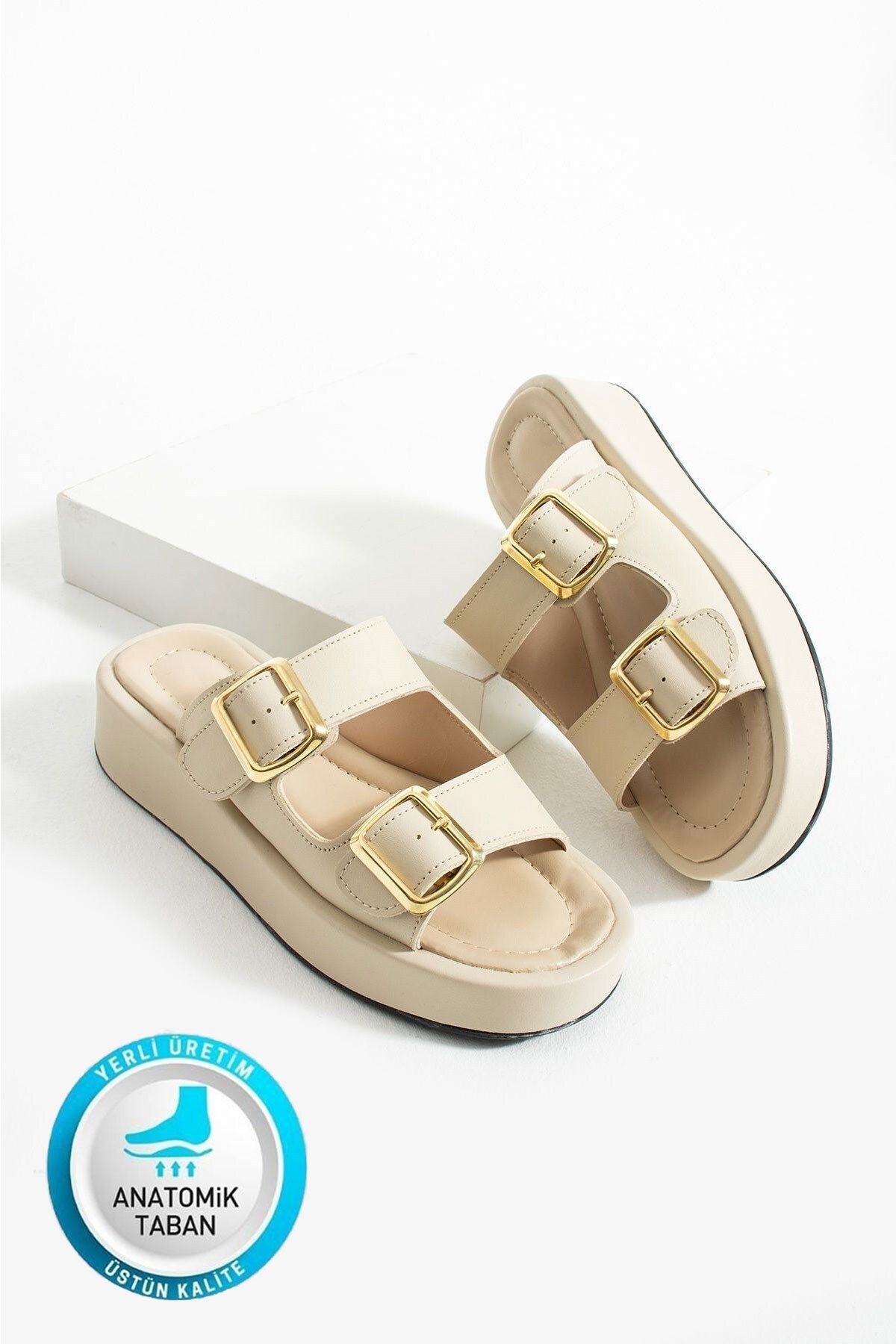 AlbiShoes Calie Kadın Anatomik Comfort İki Bantlı Gold Detay Toka Yazlık Günlük Flat Sandalet Terlik