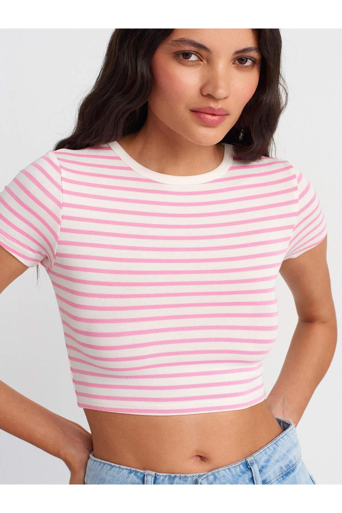 Coral Cizgili Crop Top Ekru - Pembe