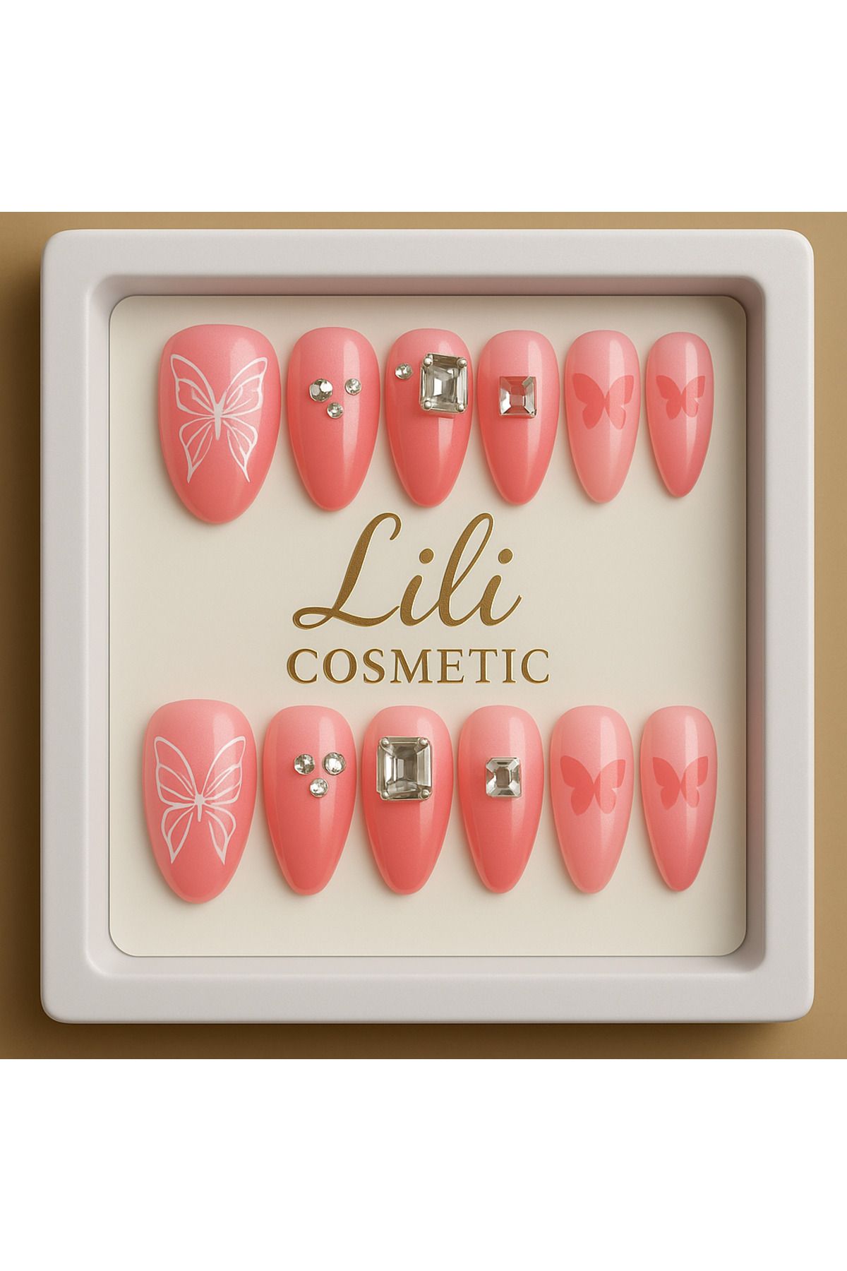 Lili Cosmetic Lüx Büyük Taşlı Kelebek Desenli Pembe Takma Tırnak Kendinden Yapışkanlı 12li