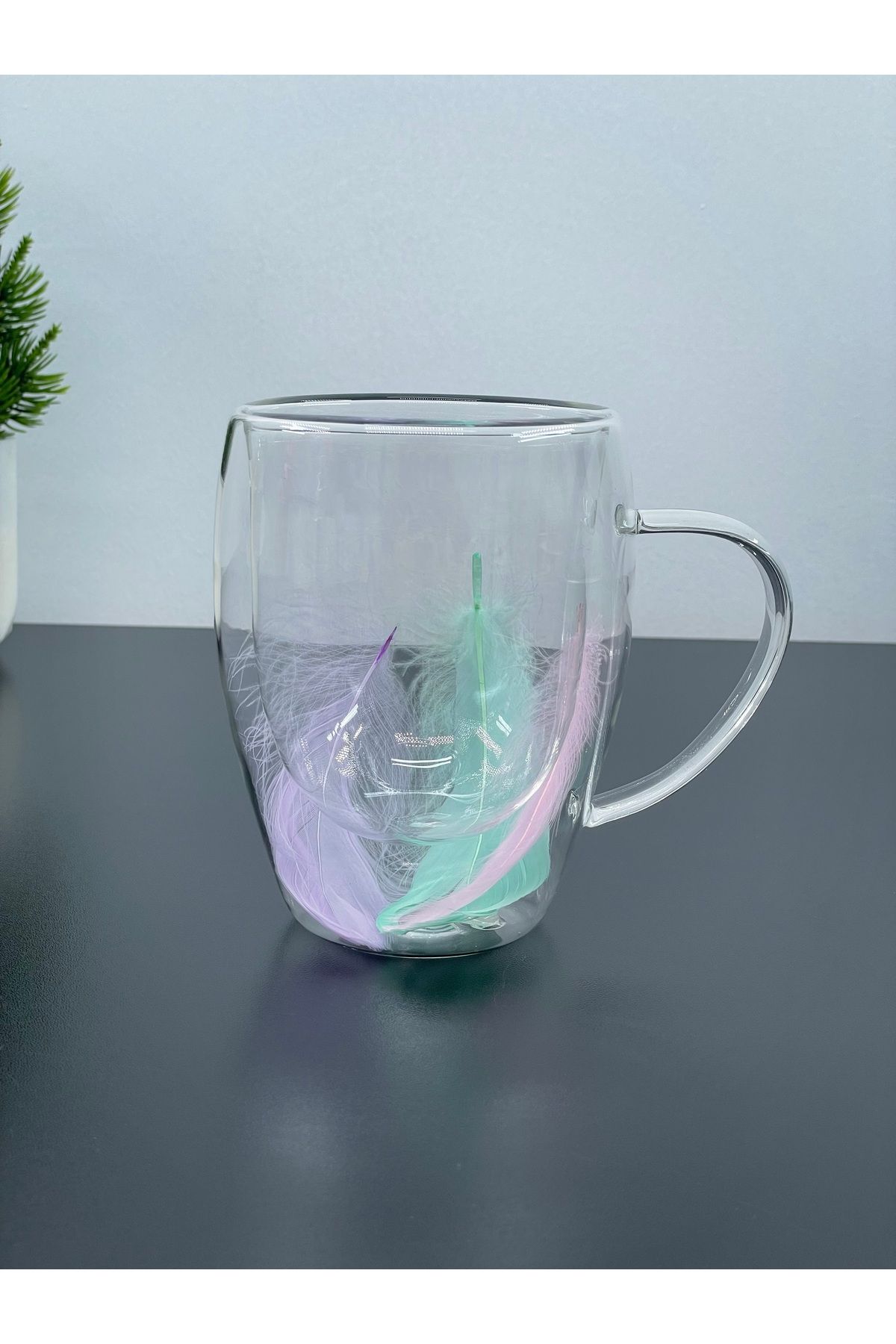 YzHome Tekli Çift Cidarlı Cam Kulplu Tüylü Kupa Bardak 350 ml