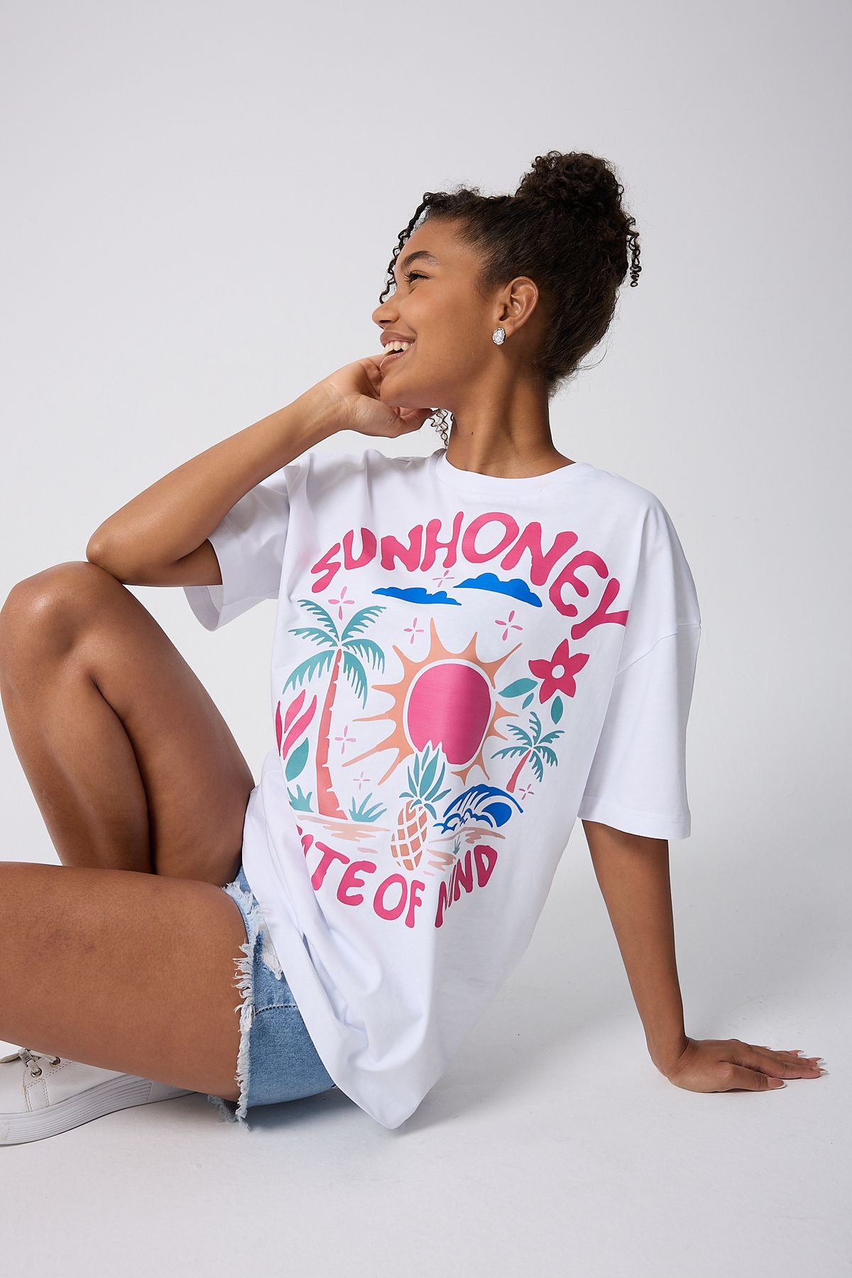 Vooya Fashion Sun Honey State Of Mind Baskılı Oversize Pamuklu Beyaz Kadın T-shirt