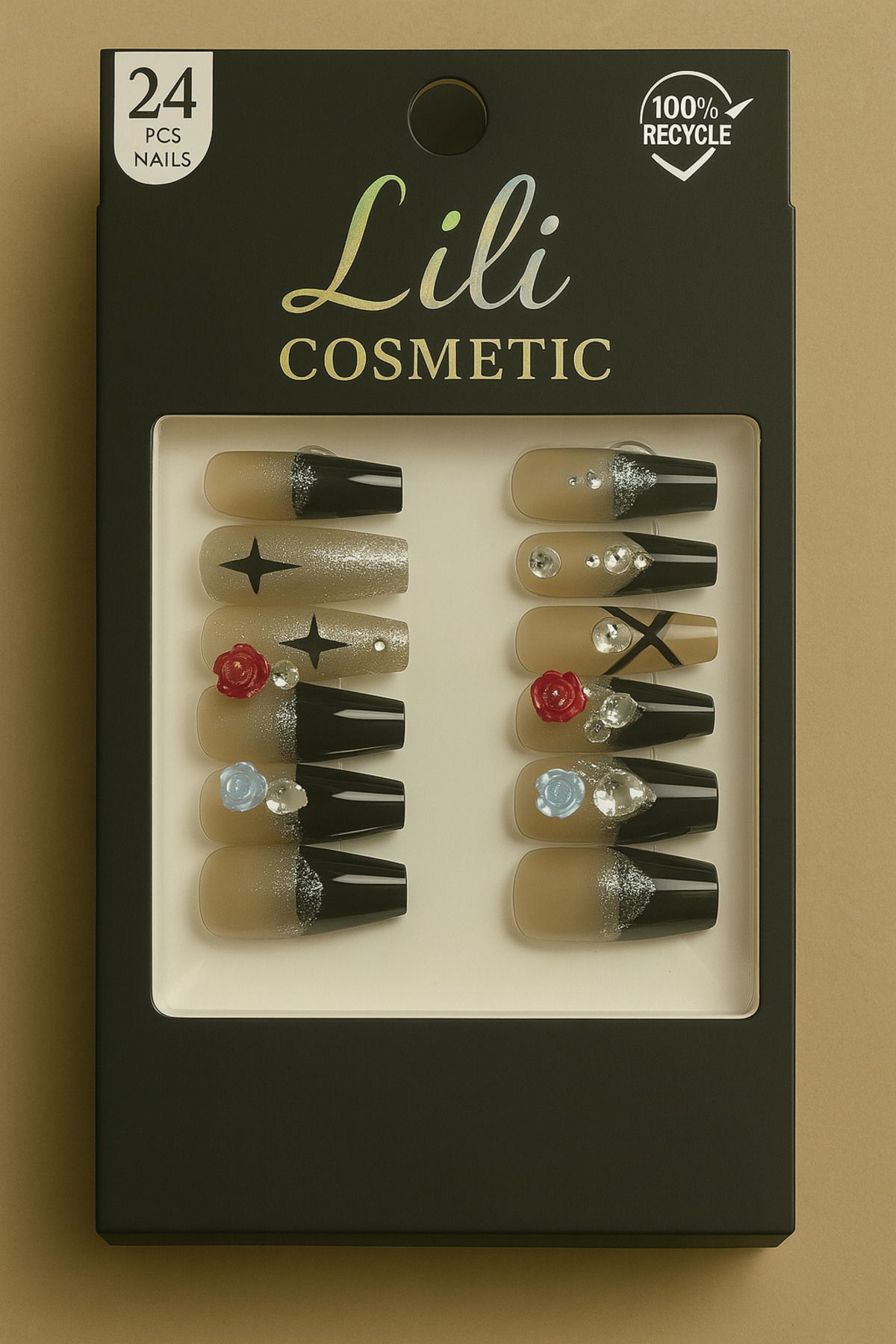 Lili Cosmetic Lüx Taşlı Güllü Siyah Uçlu Esmer Küt Takma Tırnak Kendinden Yapışkanlı 12li