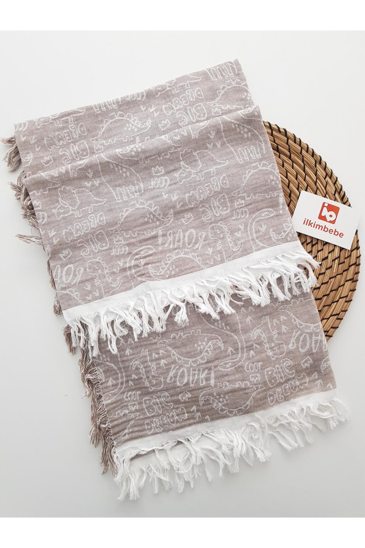 ilkimbebe Dinozorlu Püsküllü Müslin Bebek Battaniyesi 120x120