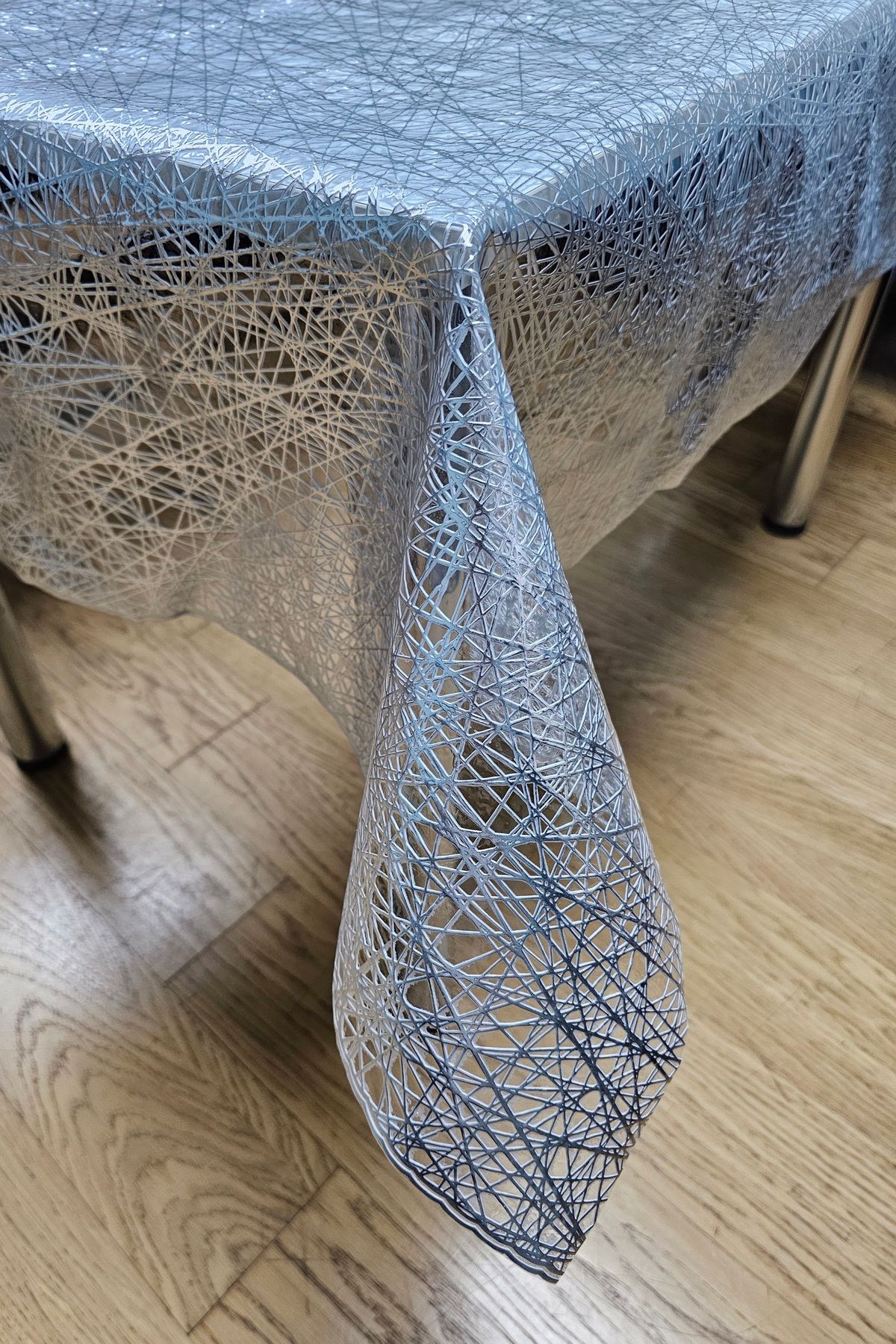 Rona Home Silinebilir Gümüş Iplik Desen Hasır Pvc Şeffaf Kaplamalı Lüks Muşamba Masa Örtüsü Sofra Bezi Hasır