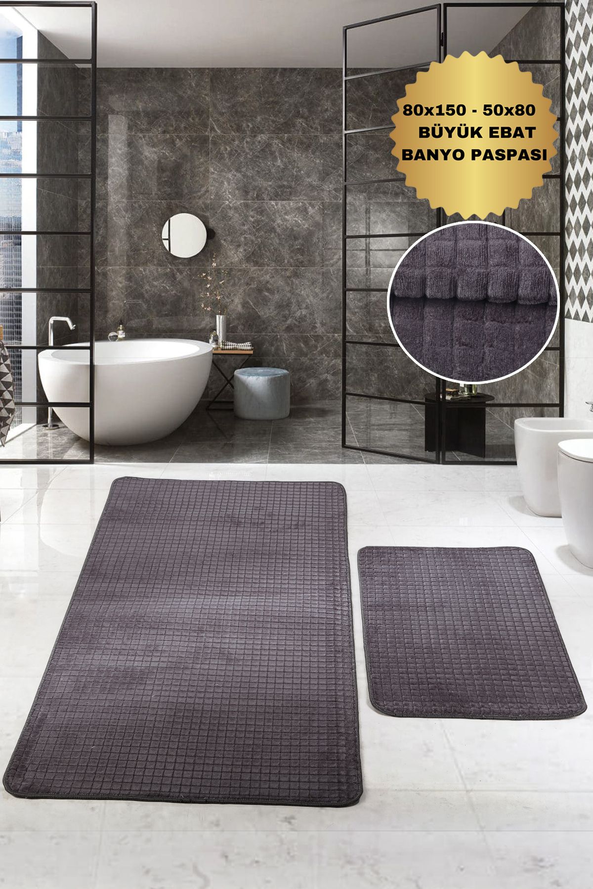 Bestekar LuxSquare Antrasit Büyük Boy Kaymaz Tabanlı Yıkanabilir Emici Yumuşak İkili Banyo Paspas Takımı
