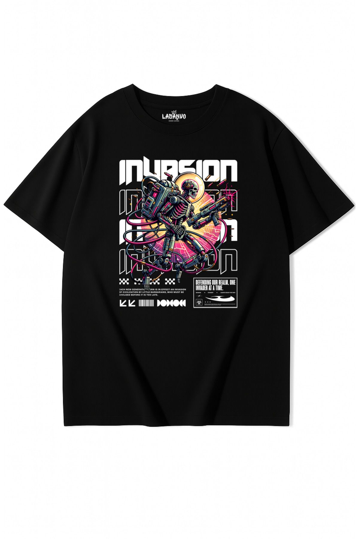 Lasanvo Unisex Oversize Invasion Cyberpunk Robot İskelet Temalı T-shirt