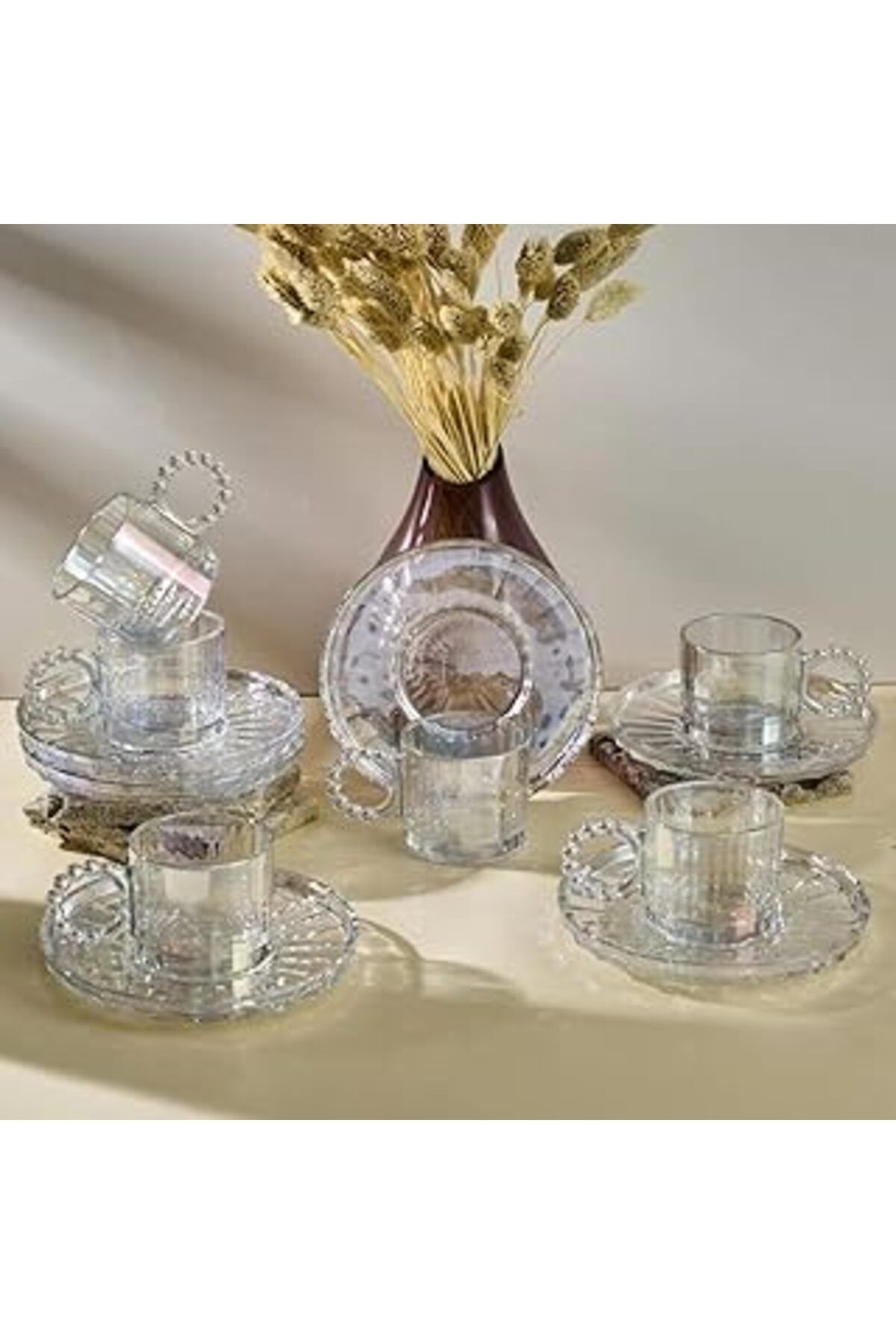 Mu Art Ahşap Ringo Line Lüster Altı Kişilik Kahve Fincan Takımı 100 Ml