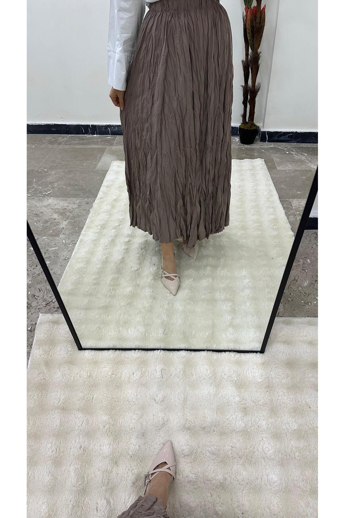 MODA Kırışık Dokulu Beli Lastikli Uzun Etek