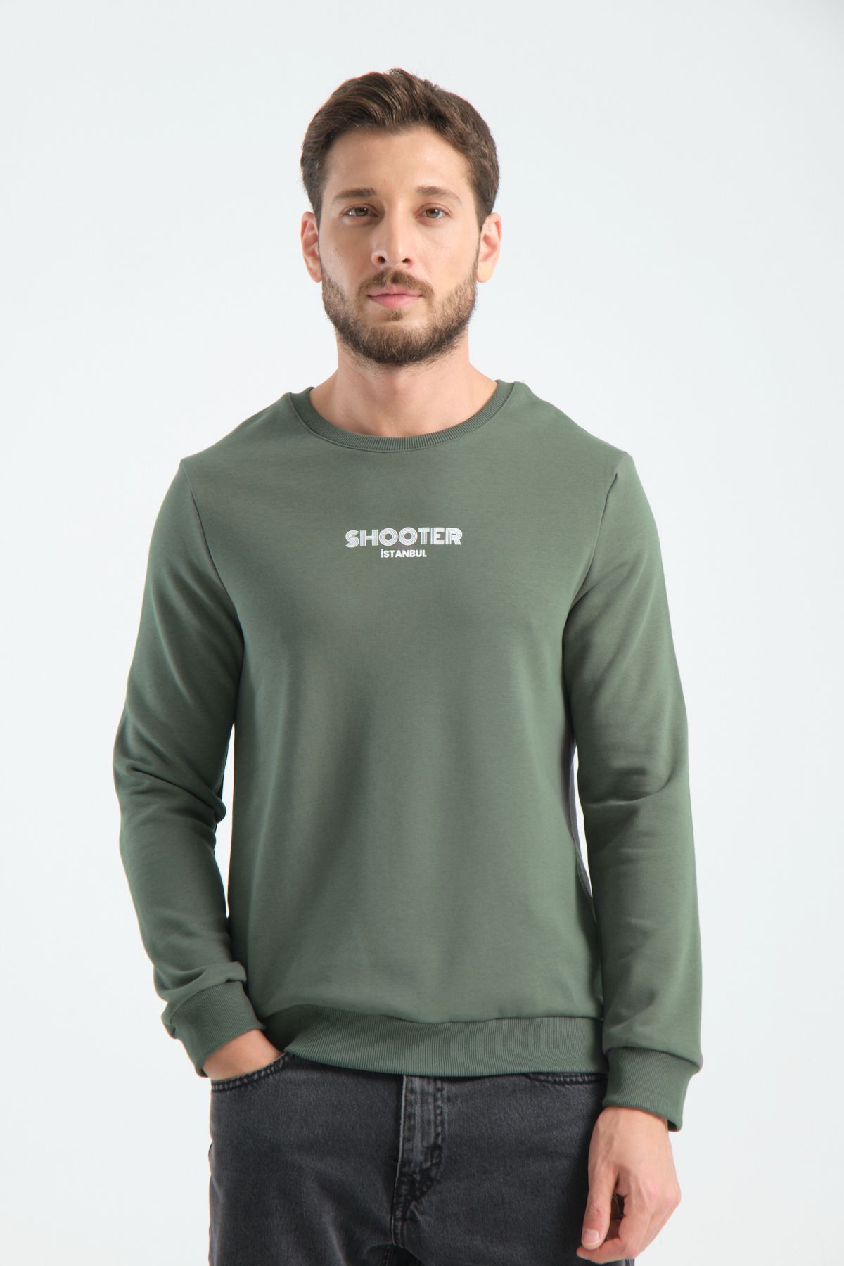 Shooter Sportswear Erkek Deluxe Sweatshirt Haki Baskı Detaylı Standart Kalıp