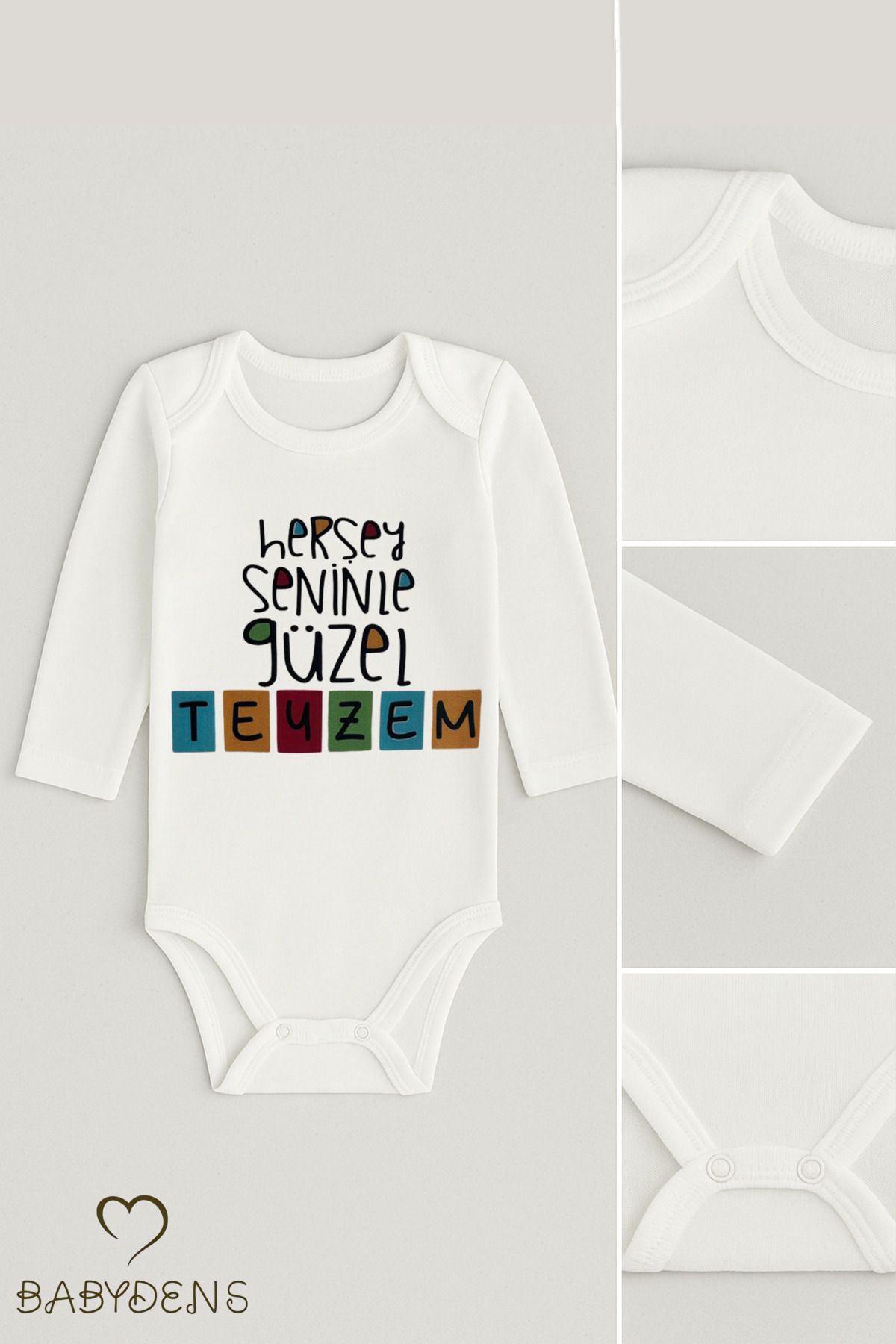 BABYDEN'S Her Şey Teyzesiyle Güzel Yazılı Bebek Zıbını Uzun Kollu %100Pamuk Unisex Body 0-24 Ay Çıtçıtlı Body