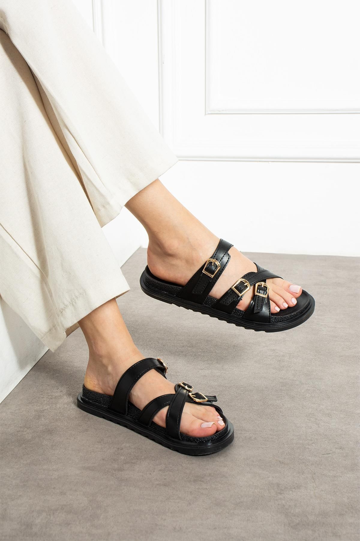 ShoeTek Pekin Kadın Terlik Çapraz Bantlı Tokalı Siyah Deri