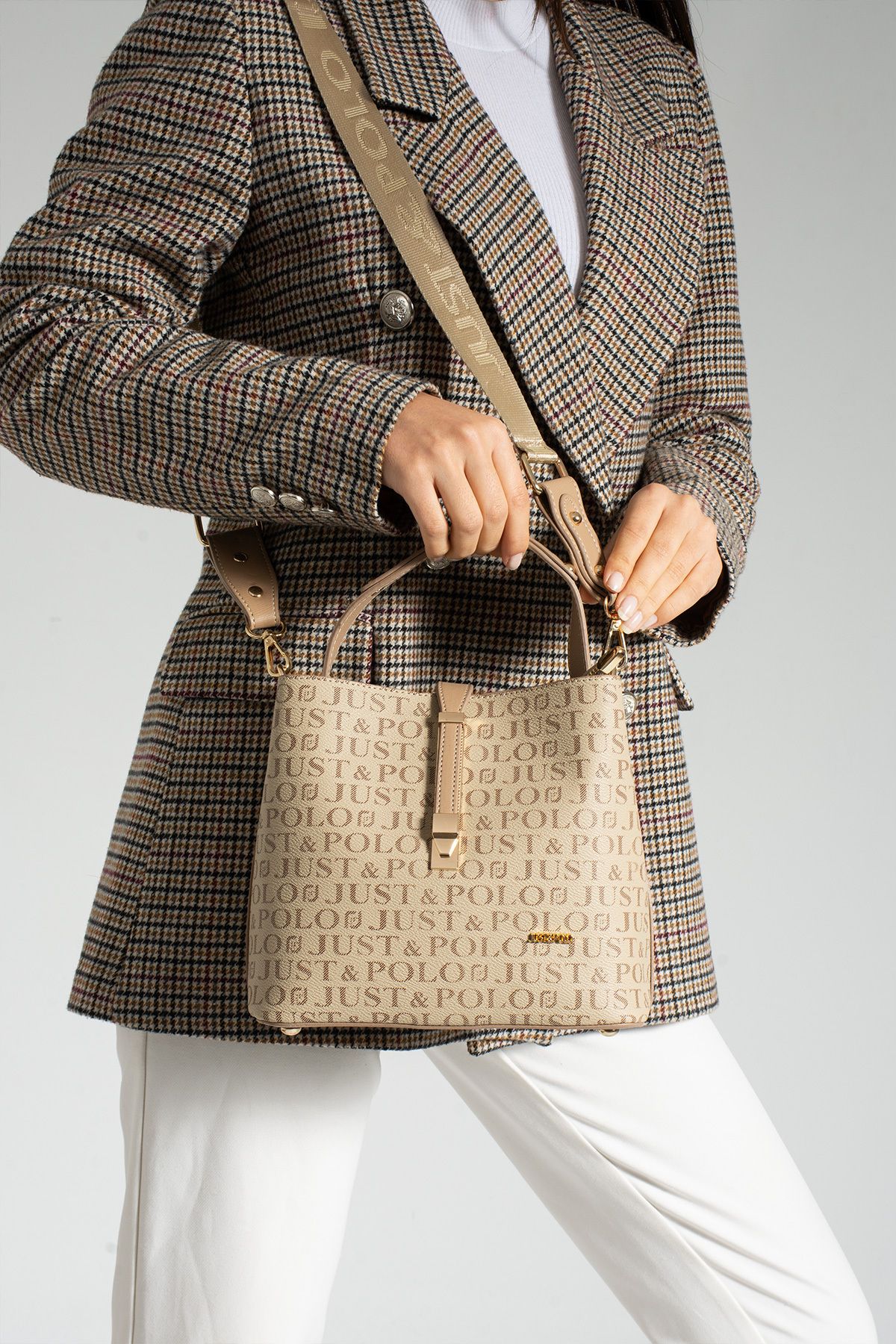 Just Polo Viyana 2055 Emprime Suni Deri Marka Baskılı Kadın Postacı Ve Omuz Çantası (Ebat:En 23 Boy 20 Cm)