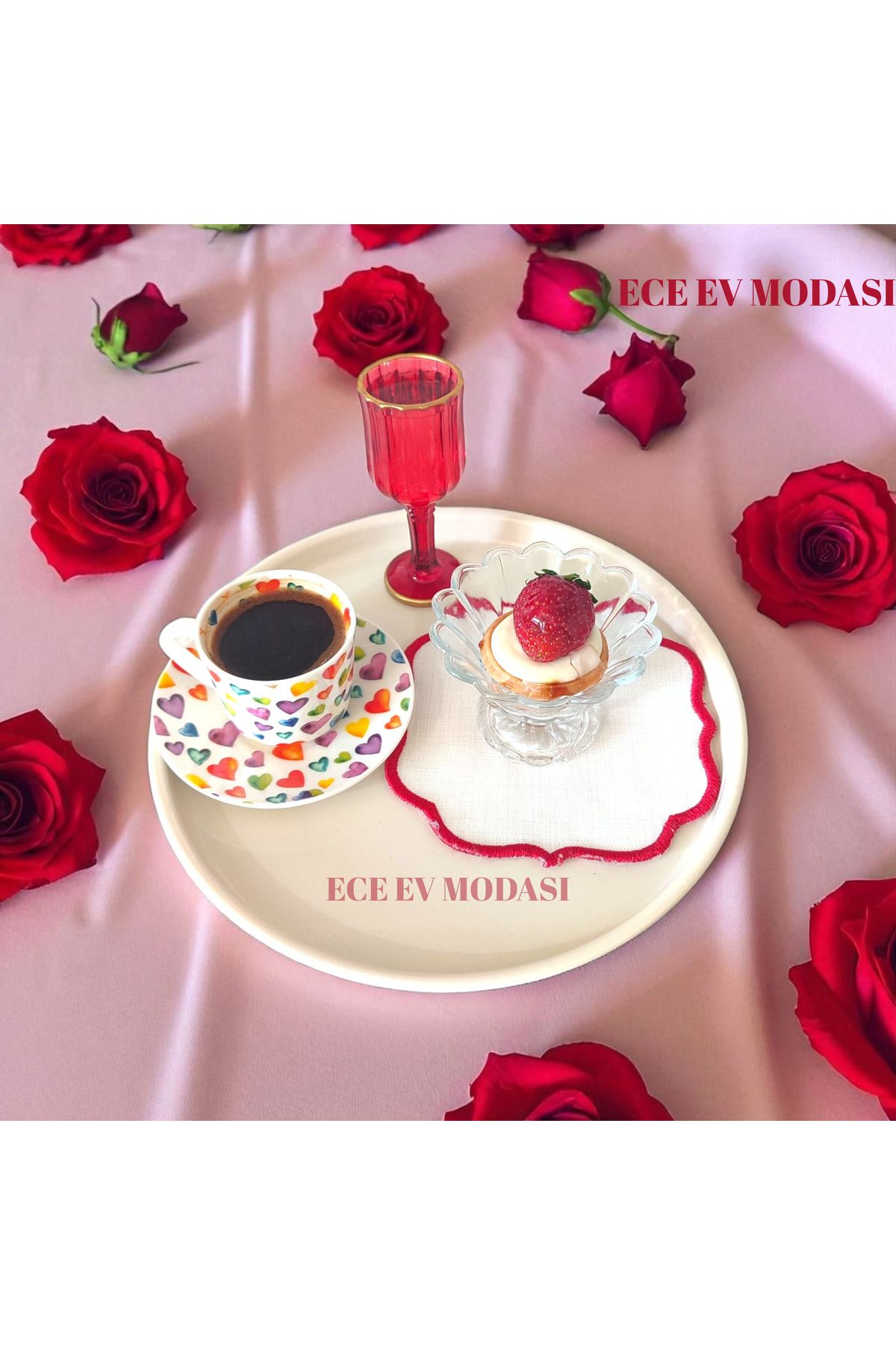 EceAksesuar 6'lı Metal Yuvarlak Çay, Kahve, Pasta Servis Tepsisi Dekoratif Sunum Tepsisi 24 Cm