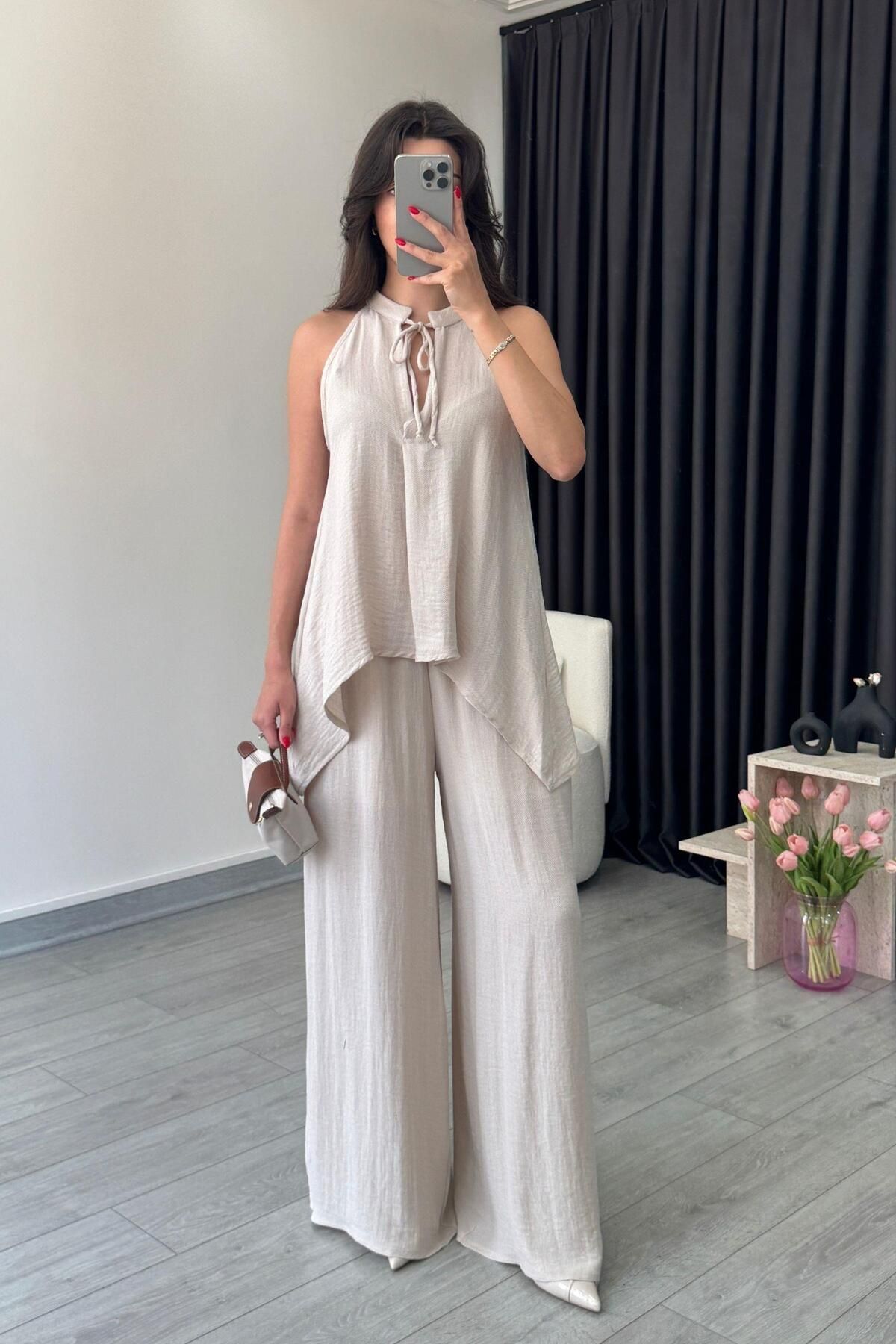 ECEMİ Alya Vizon Asimetrik Bluz Pantolon Takım