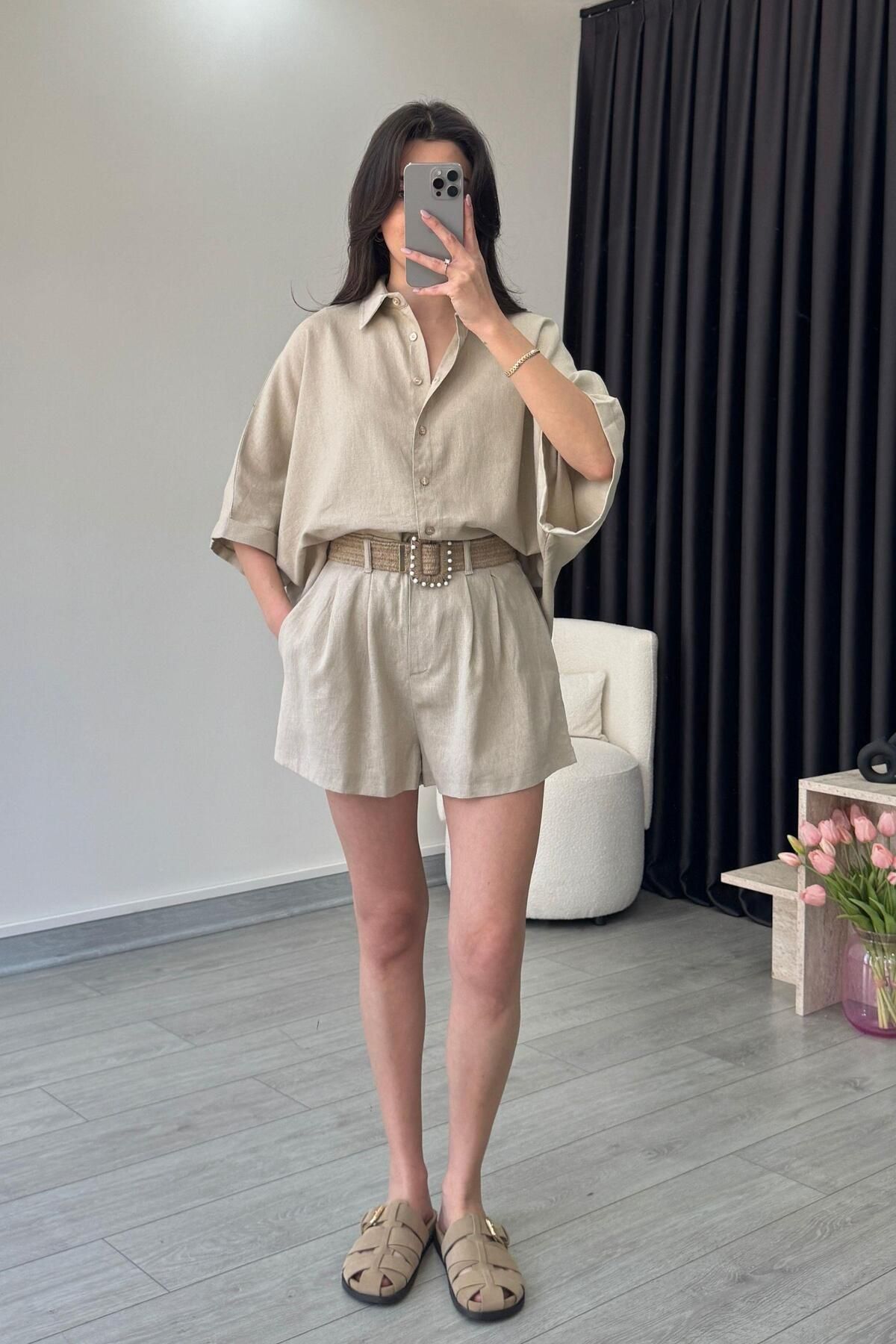 ECEMİ Vesper Kemerli Natural Keten Gömlek Şort Takım