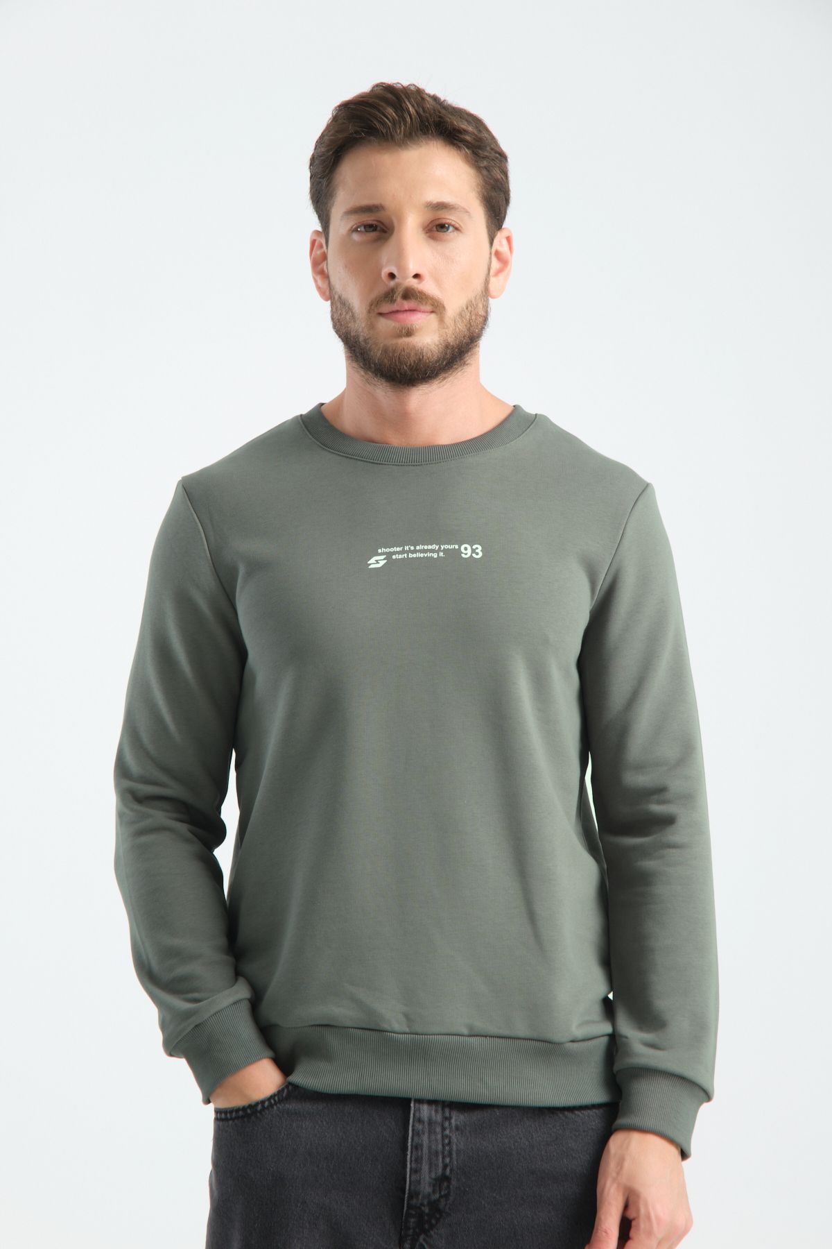 Shooter Sportswear Erkek Premium Sweatshirt Haki Minimal Baskı Standart Kalıp