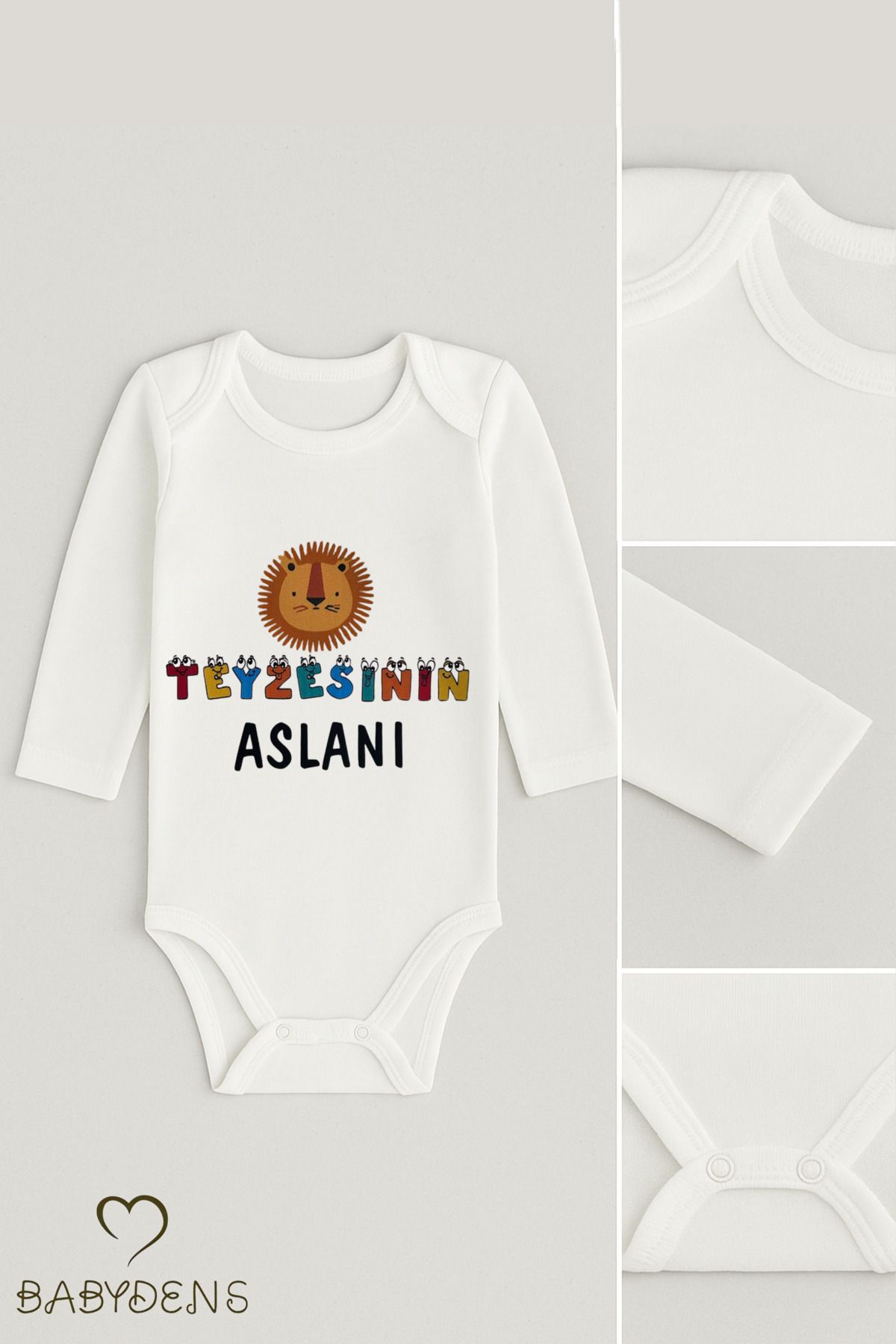 BABYDEN'S Teyzesinin Aslanı Yazılı Bebek Zıbını %100 Pamuk Unisex Uzun Kollu Body 0-24 Ay Çıtçıtlı Body
