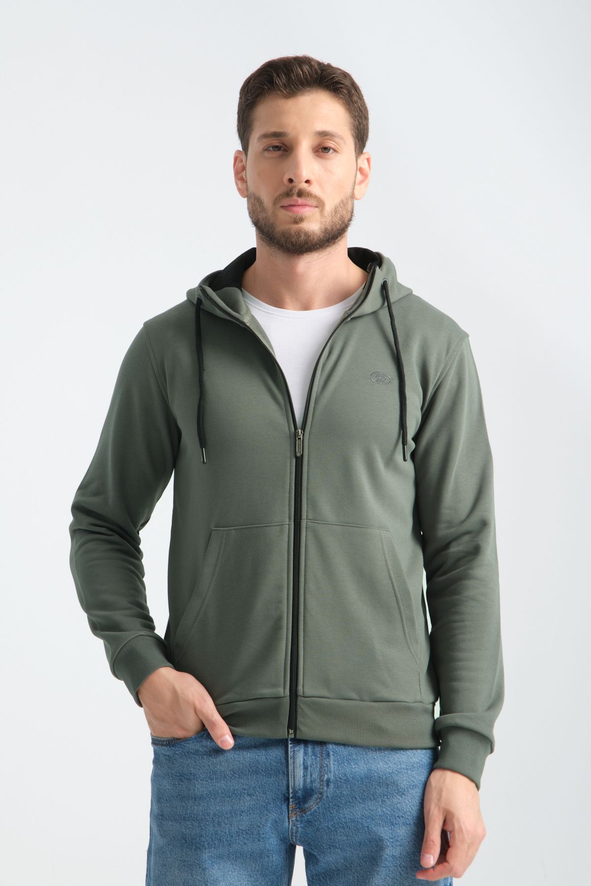 Shooter Sportswear Premium Erkek Sweatshirt Haki Kapüşonlu Fermuarlı