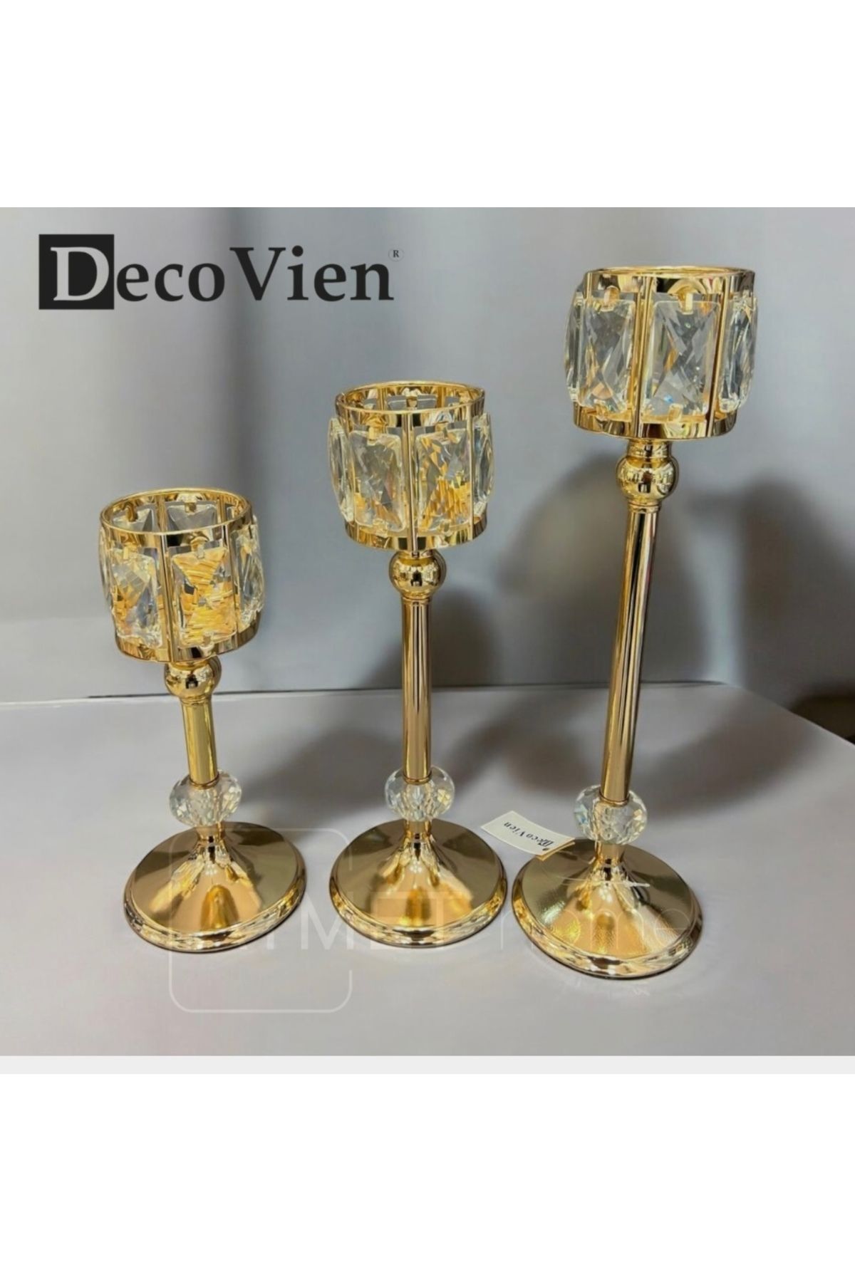decovien Altın Kristal Mumluk 3’Lü Set