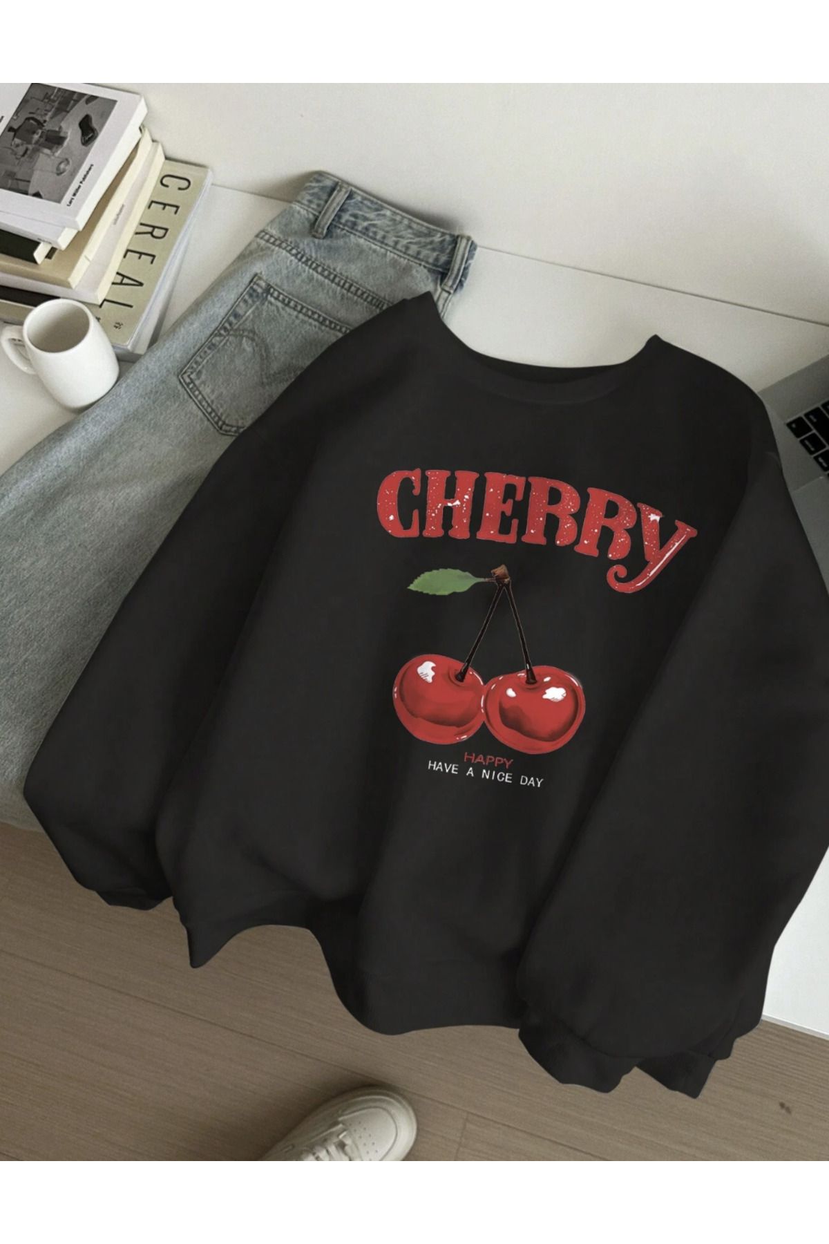 COHERENT Unisex Kadın/Erkek CHERRY Özel Renkli Oversize Bisiklet Yaka Pamuklu Sweatshirt