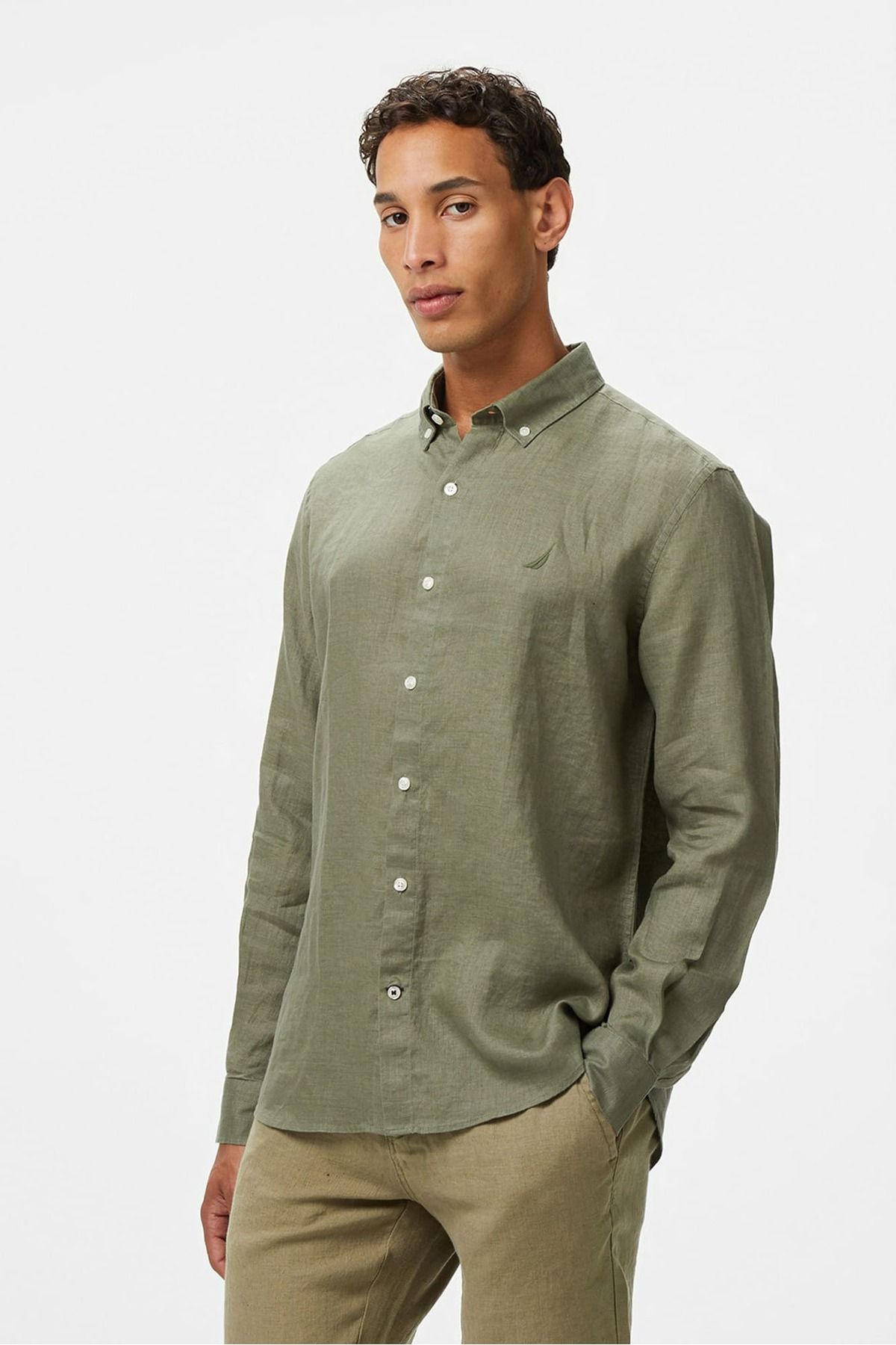 Nautica Erkek Classic Fit Keten Gömlek - Yeşil