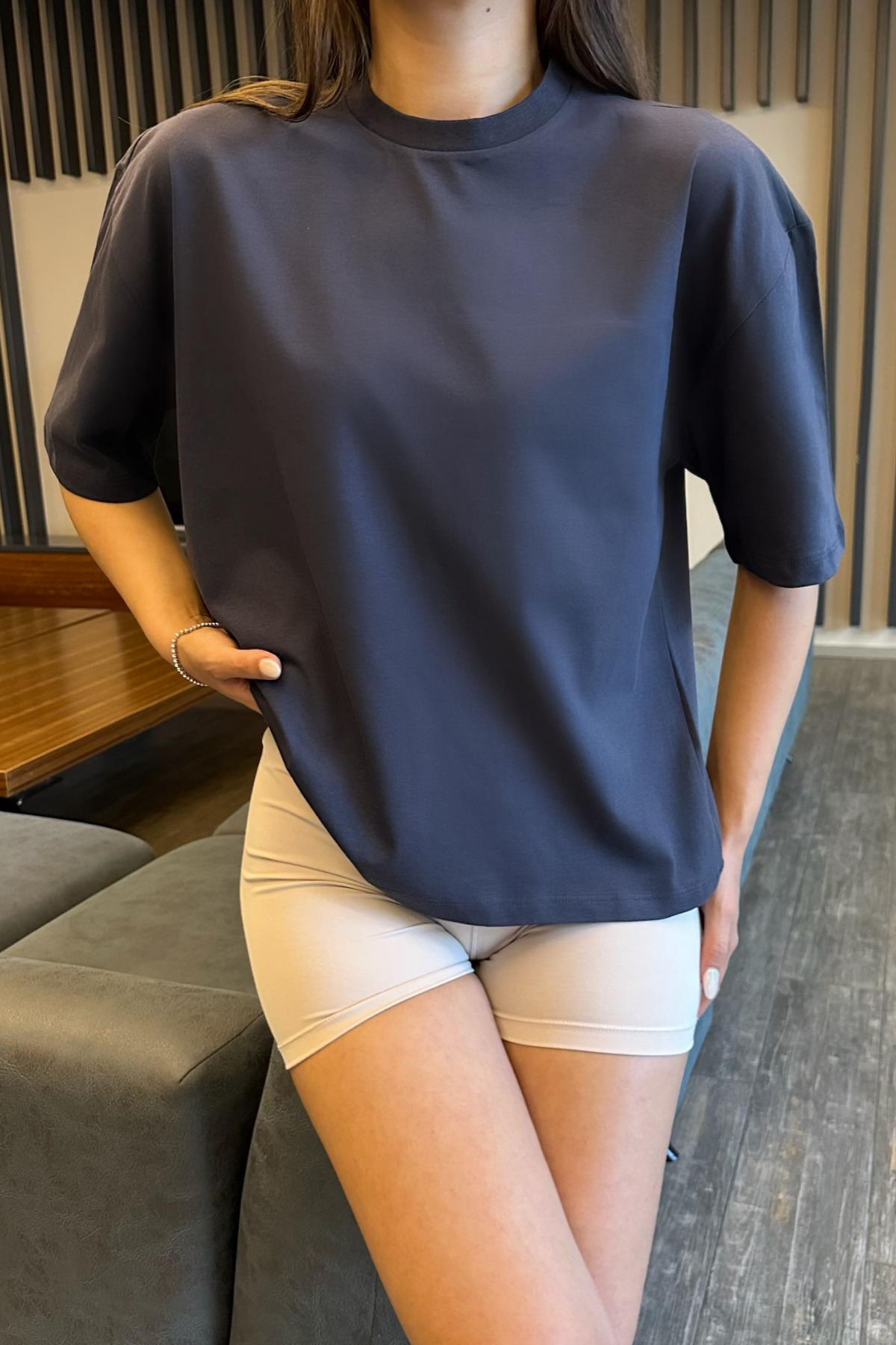Kadın Oversize Basic Pamuklu T-Shirt İndigo 6