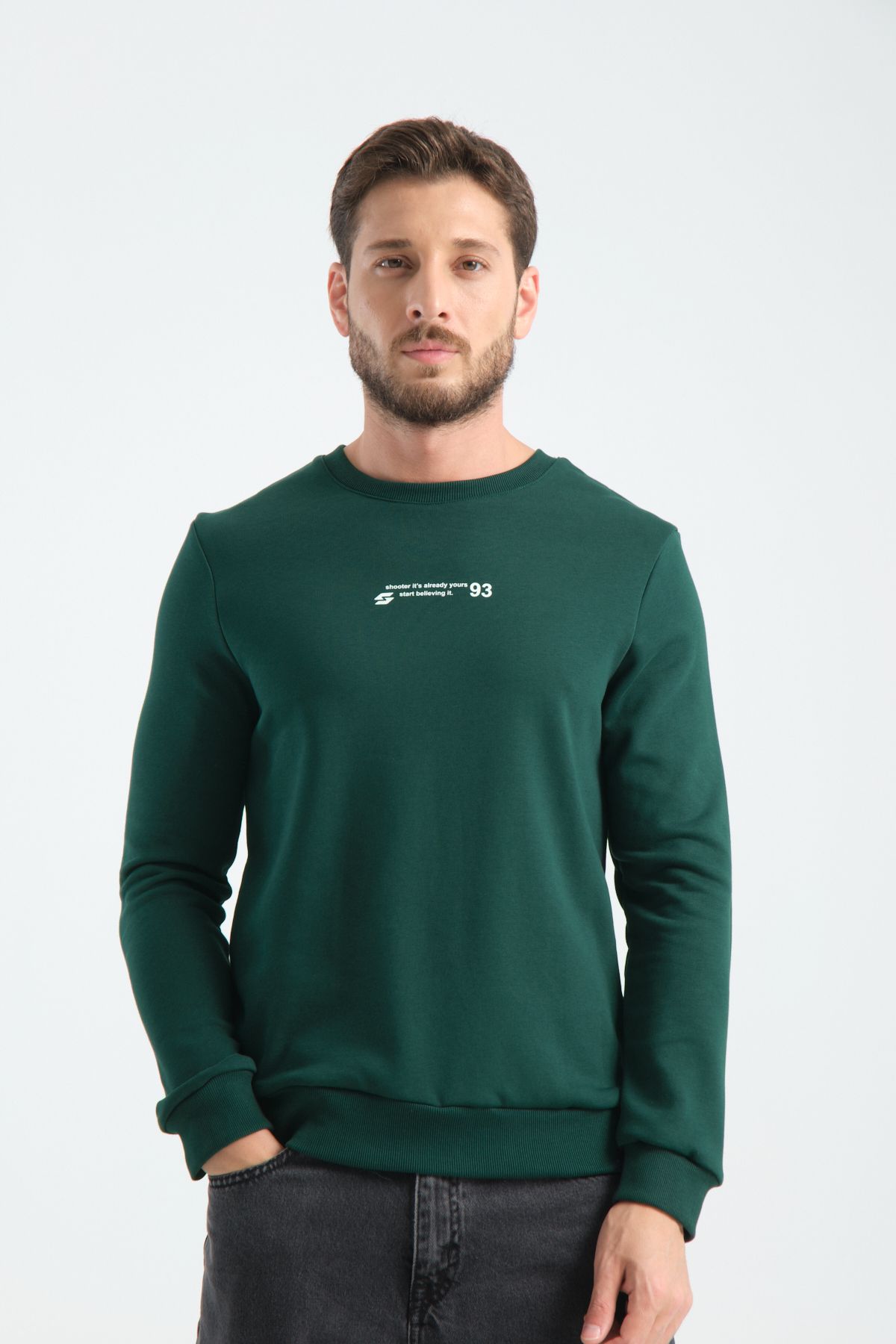 Shooter Sportswear Erkek Premium Sweatshirt Koyu Yeşil Minimal Baskı Standart Kalıp