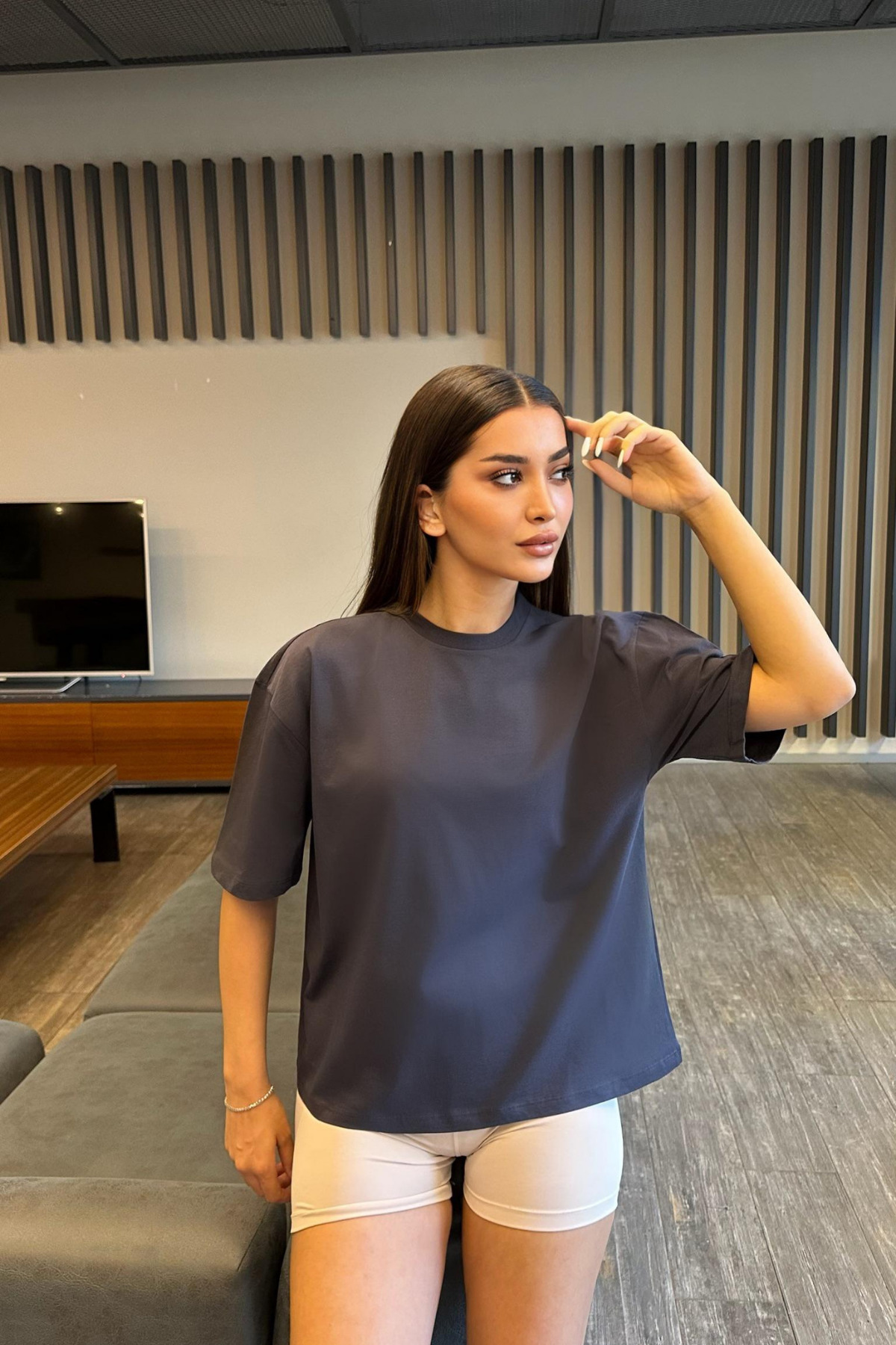 Kadın Oversize Basic Pamuklu T-Shirt İndigo 5