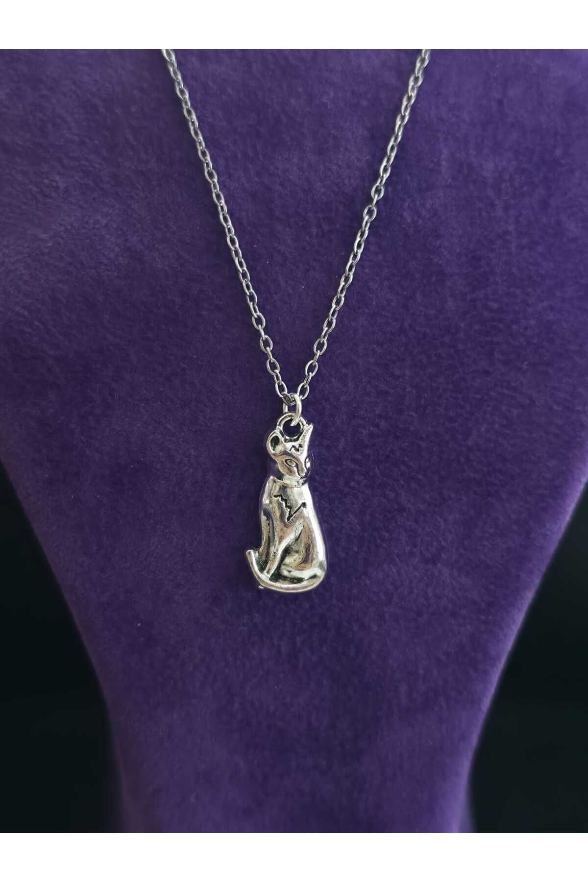 sarıyer silver Kedi Model Evcil Hayvan Cat Temalı Şık Minimal Stil Çelik Kolye Ucu Ve Çelik Zincir Kolye