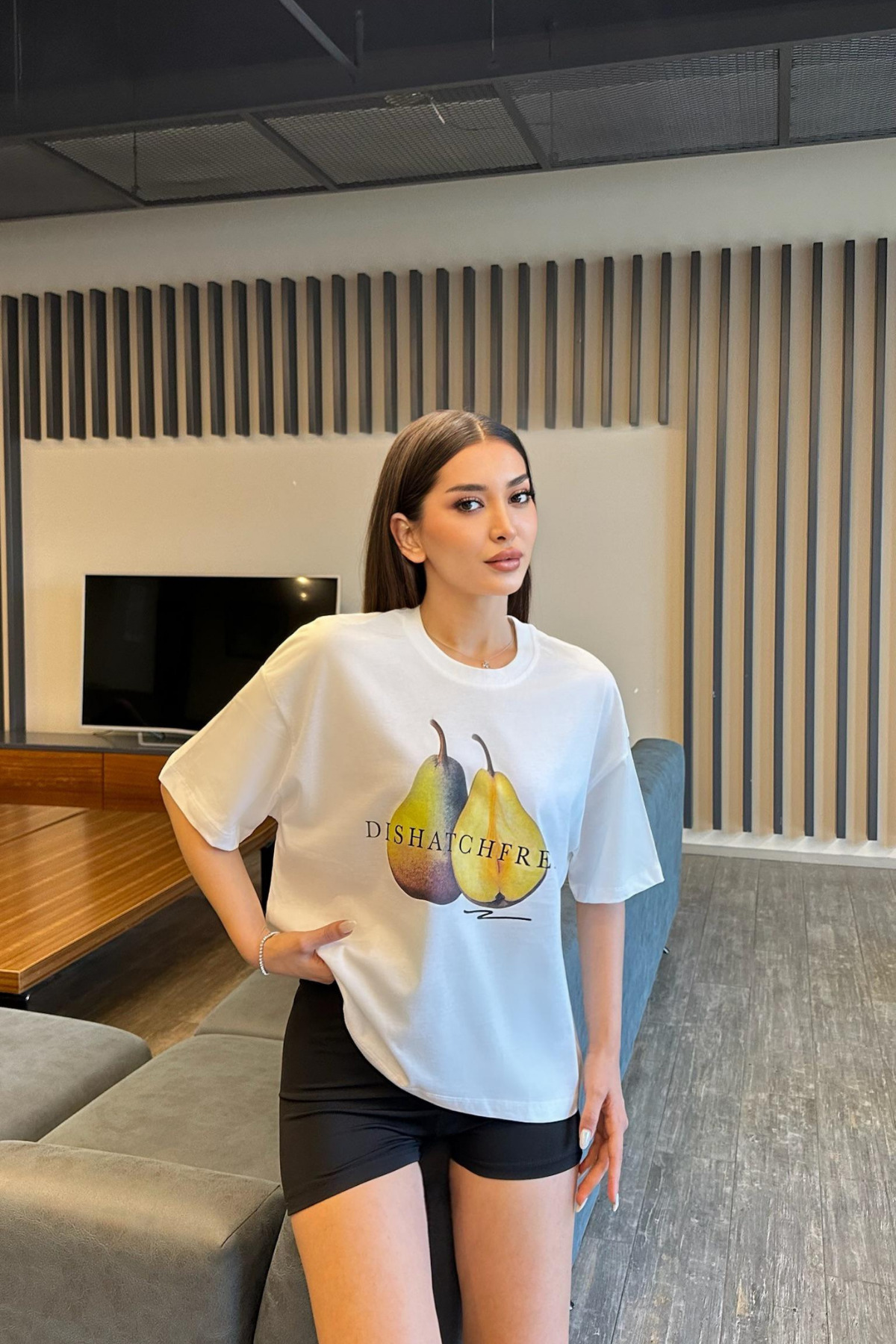 Kadın Özel Dijital Baskılı Oversize T-Shirt Kırık Beyaz 5