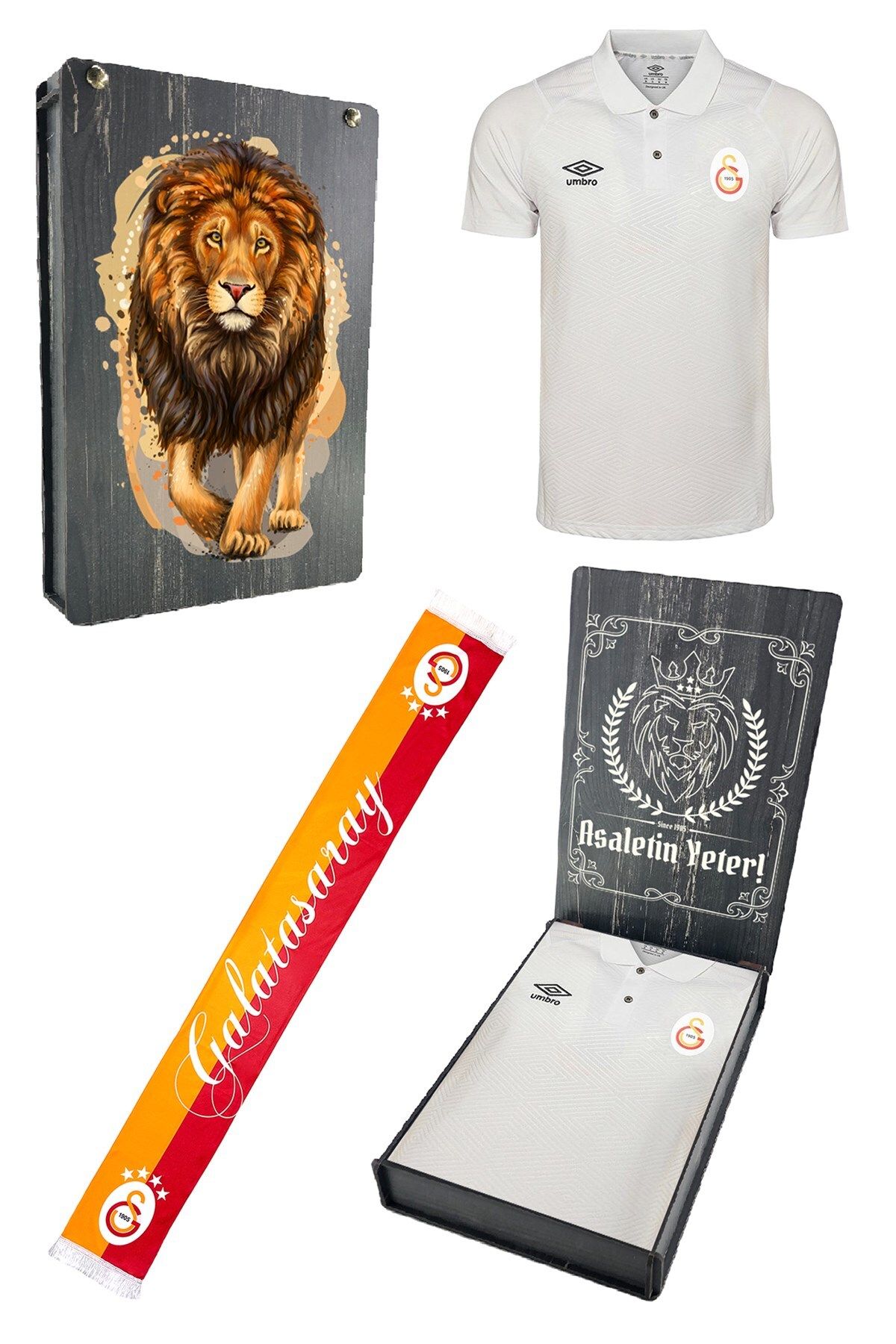 Galatasaray Orijinal Lisanslı Polo Yaka Beyaz T-Shirt + Şal Kaşkol Gs Hediyelik Ahşap Kutulu